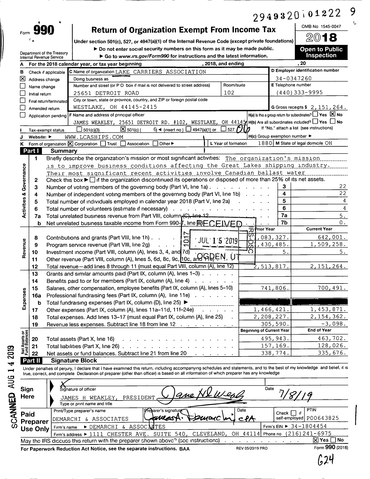 Image of first page of 2018 Form 990O for Lake Carriers Association (LCA)