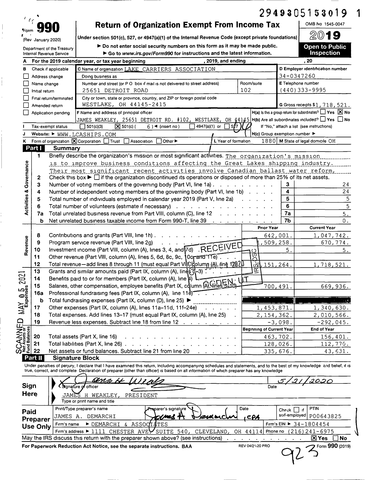 Image of first page of 2019 Form 990O for Lake Carriers Association (LCA)