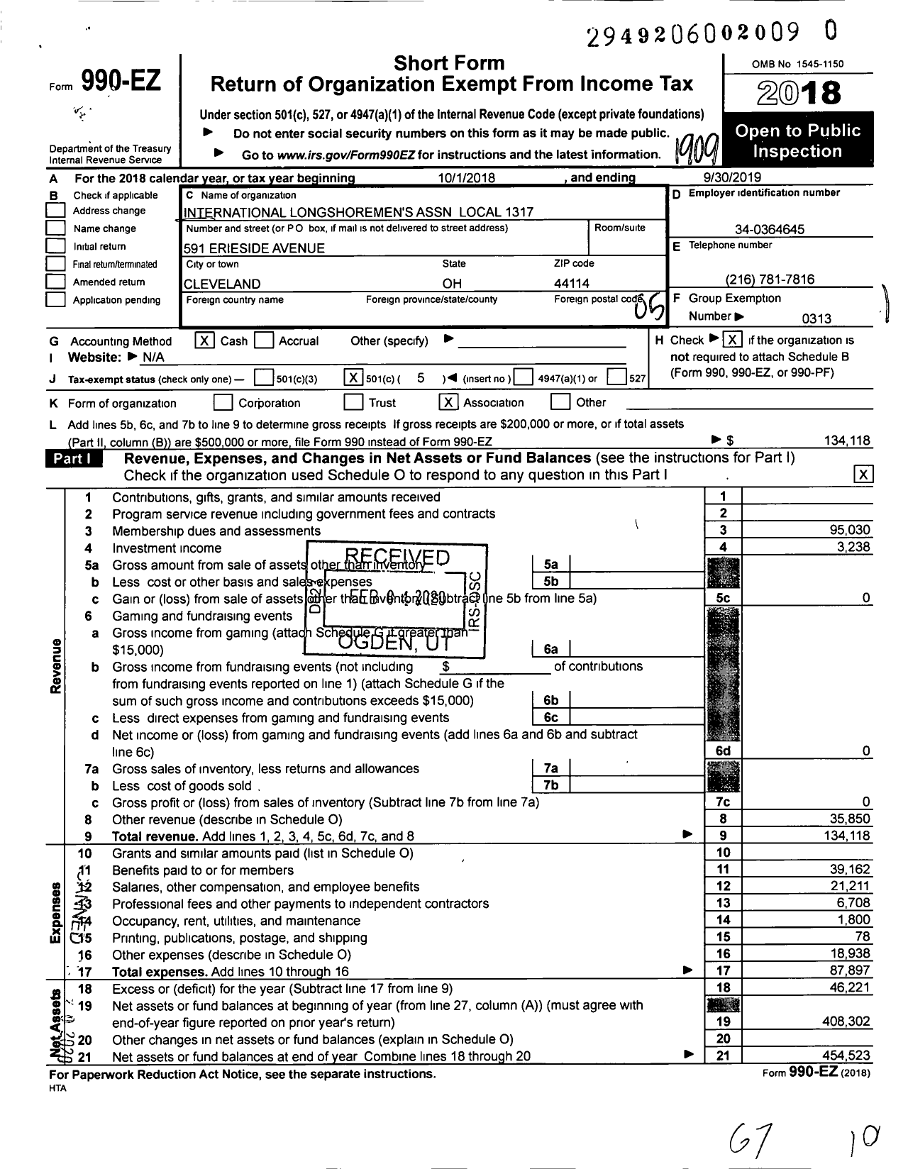 Image of first page of 2018 Form 990EO for International Longshoremen's Association - 1317 Ila