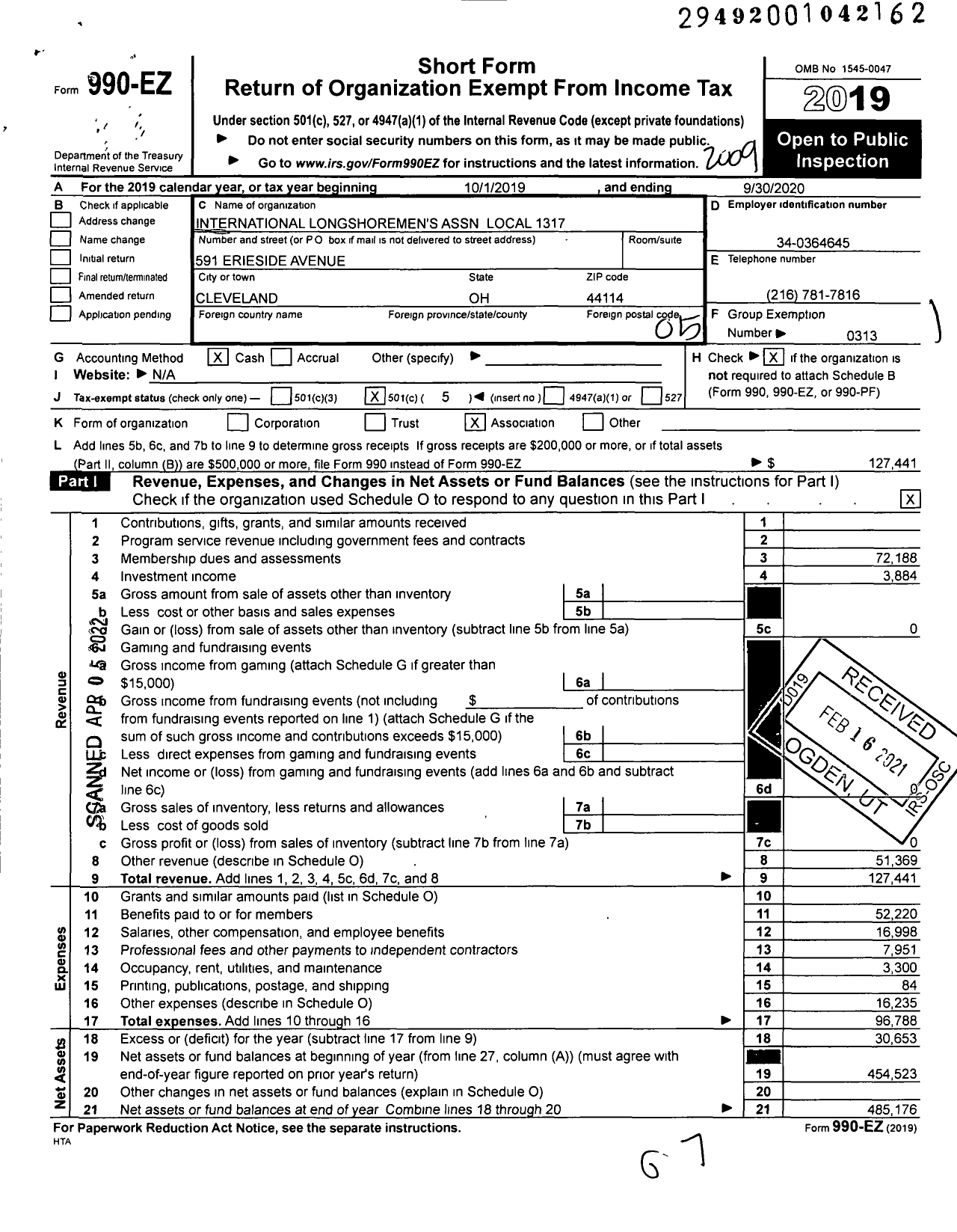 Image of first page of 2019 Form 990EO for International Longshoremen's Association - 1317 Ila