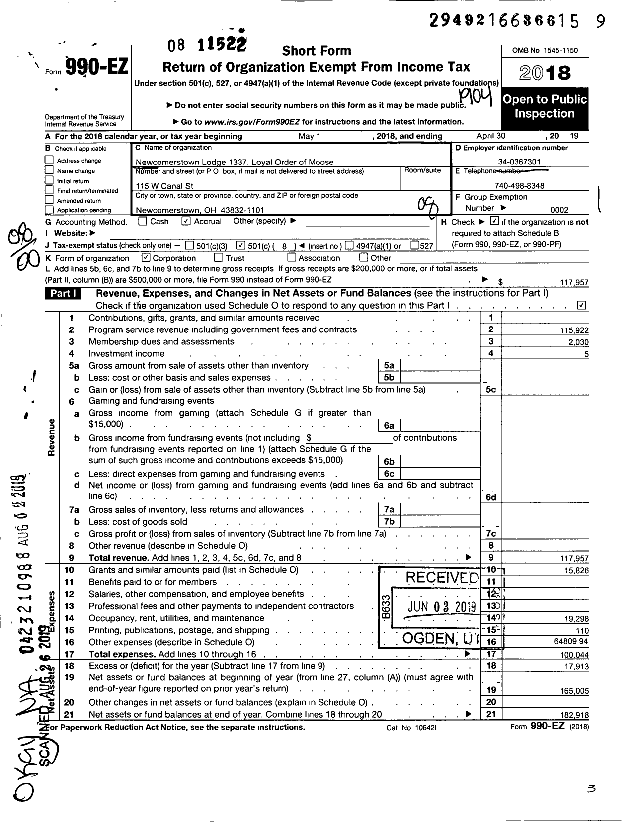 Image of first page of 2018 Form 990EO for Loyal Order of Moose - 1337