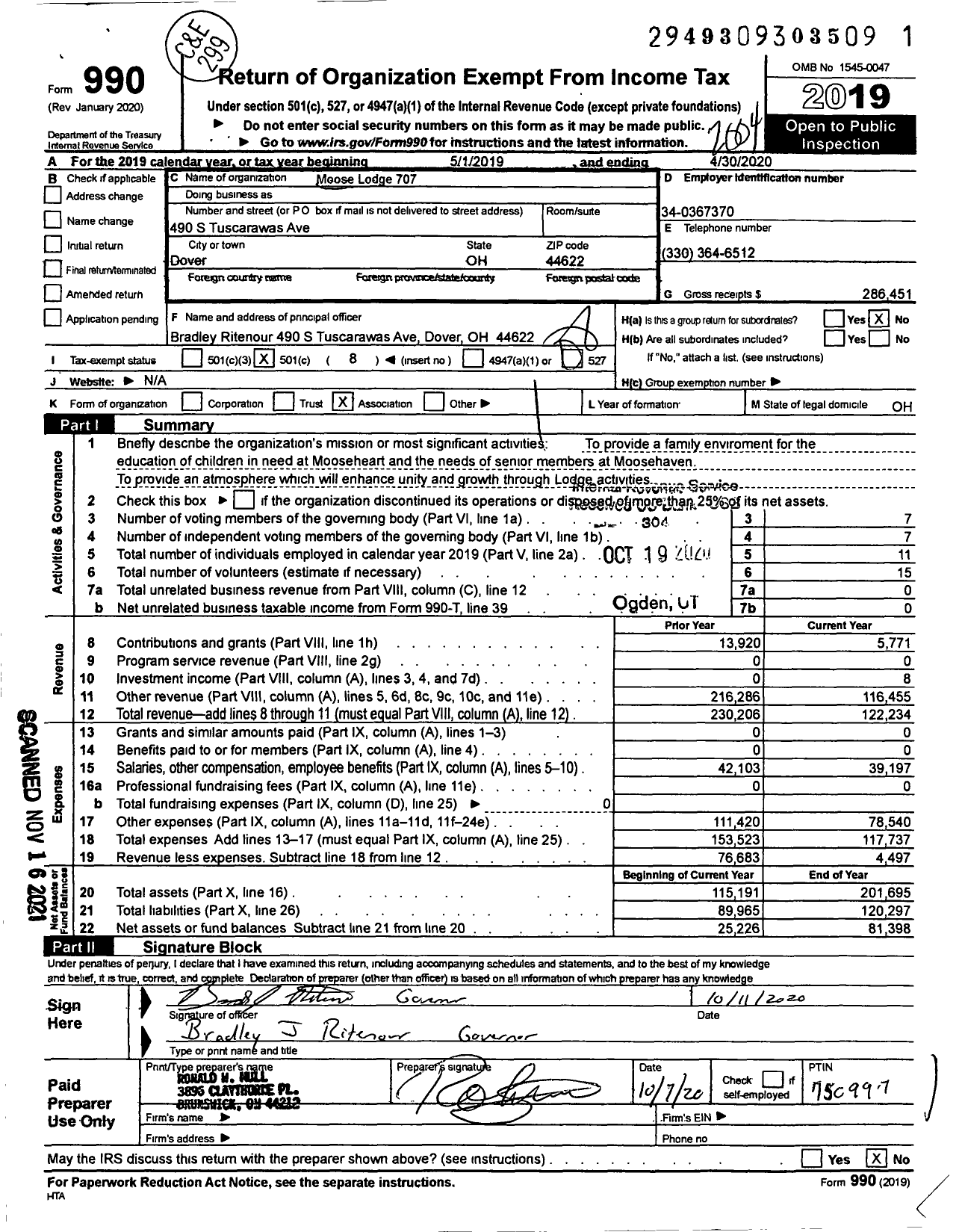 Image of first page of 2019 Form 990O for Loyal Order of Moose - 707