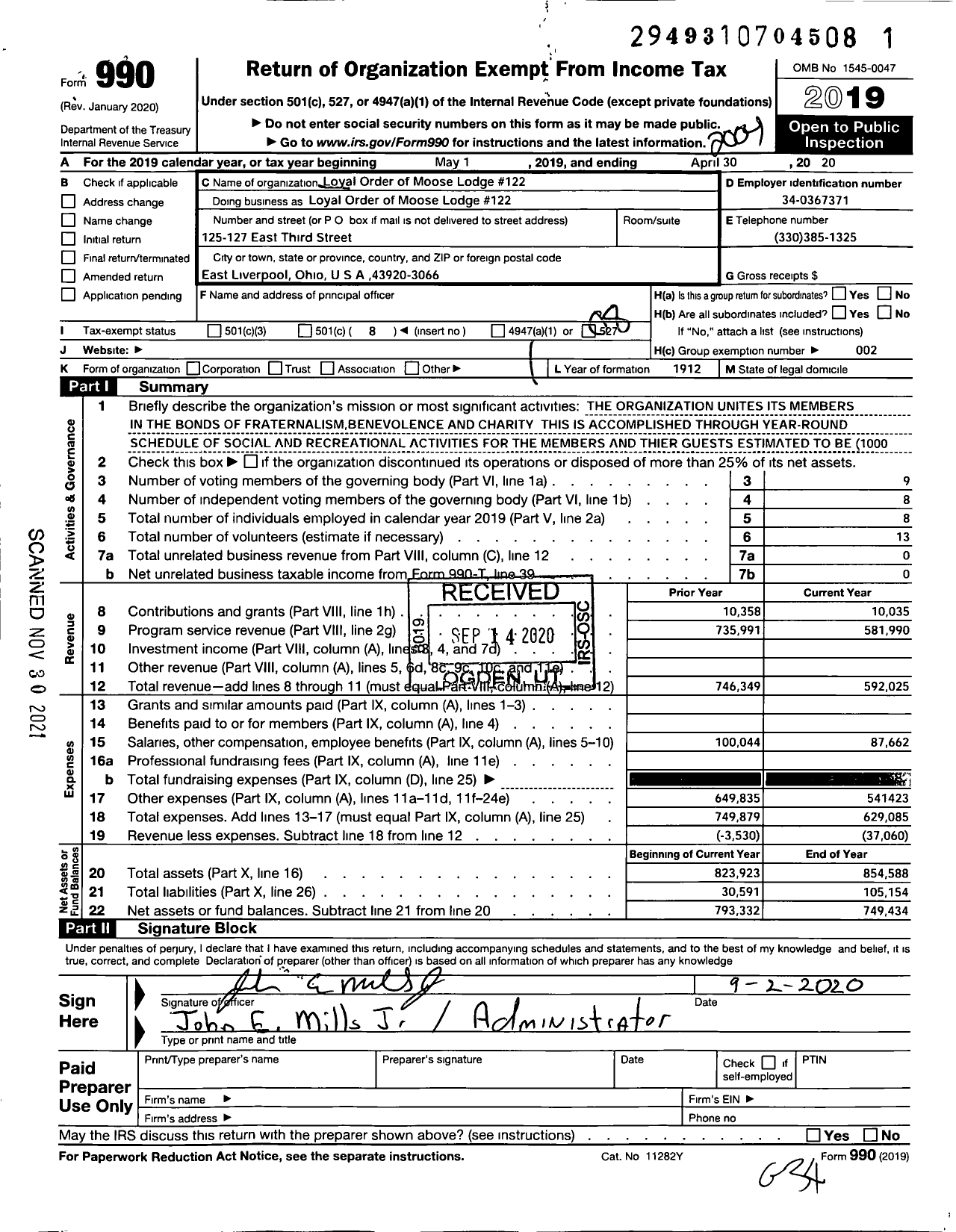 Image of first page of 2019 Form 990O for Loyal Order of Moose - 122