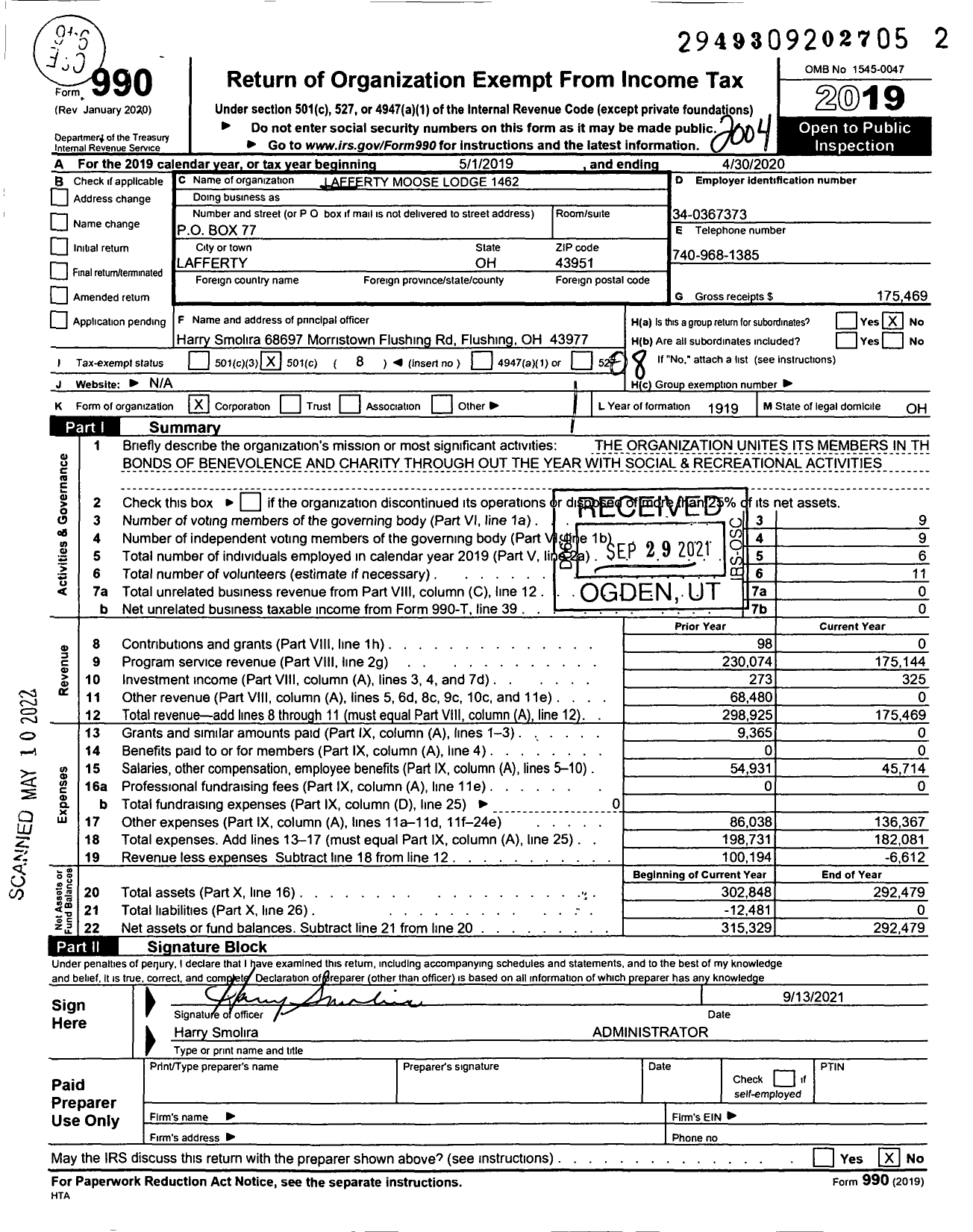 Image of first page of 2019 Form 990O for Loyal Order of Moose - 1462