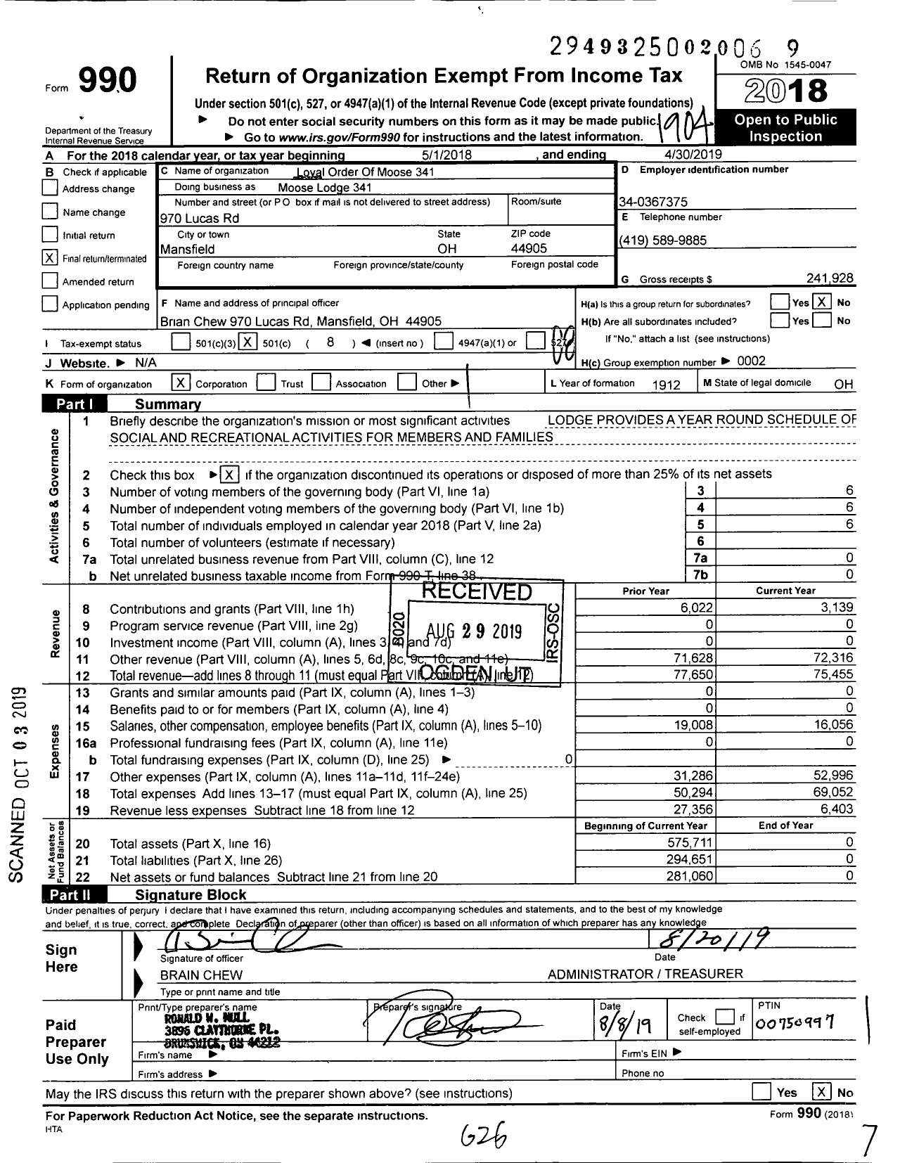 Image of first page of 2018 Form 990O for Loyal Order of Moose - 341