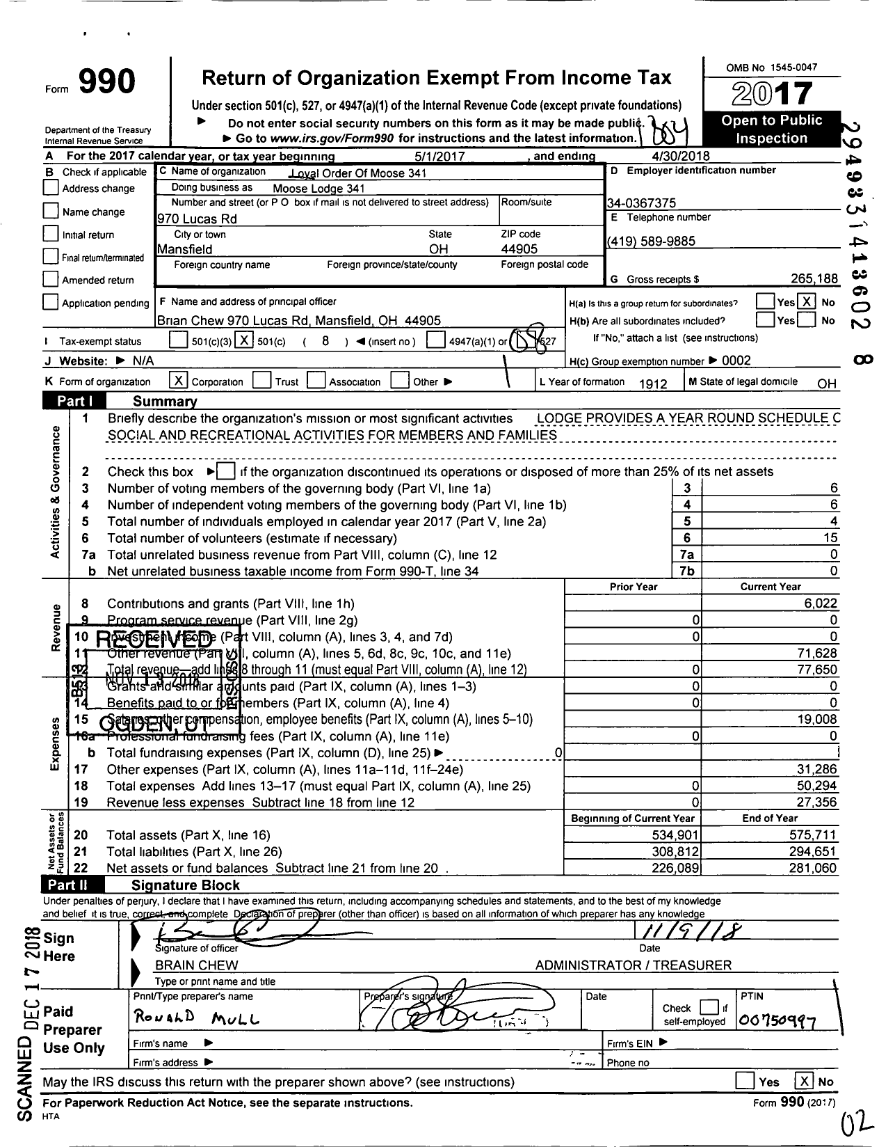 Image of first page of 2017 Form 990O for Loyal Order of Moose - 341