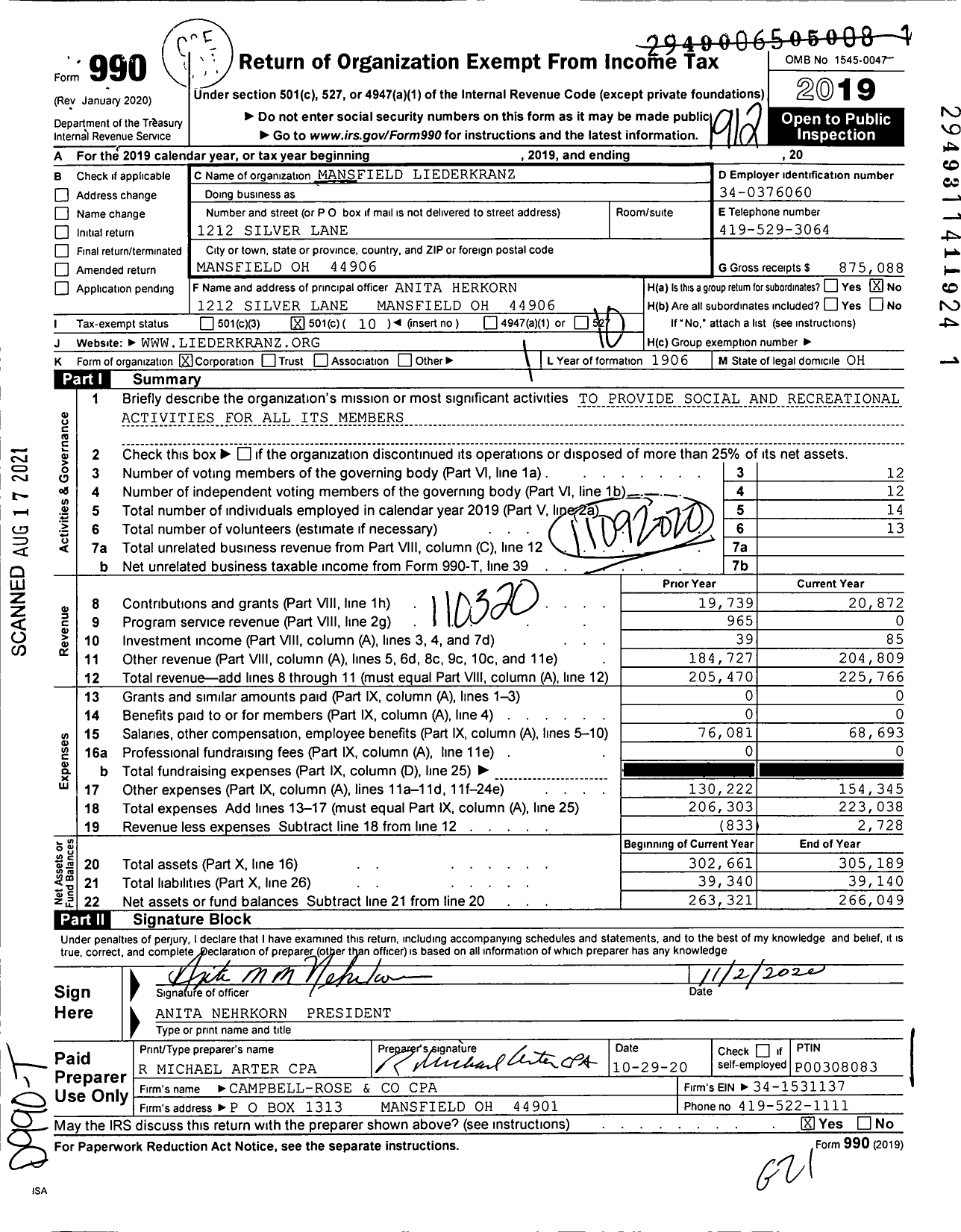 Image of first page of 2019 Form 990O for The Mansfield Liederkranz