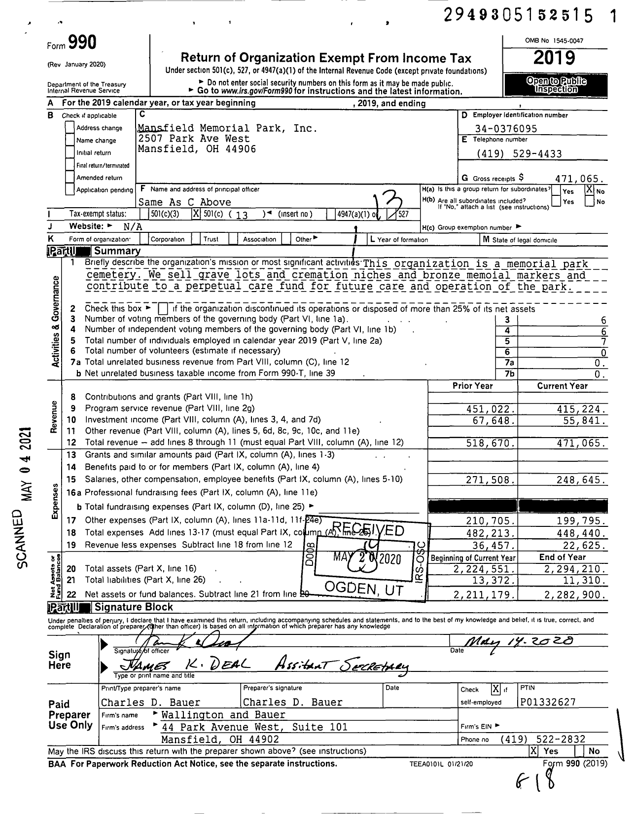 Image of first page of 2019 Form 990O for Mansfield Memorial Park