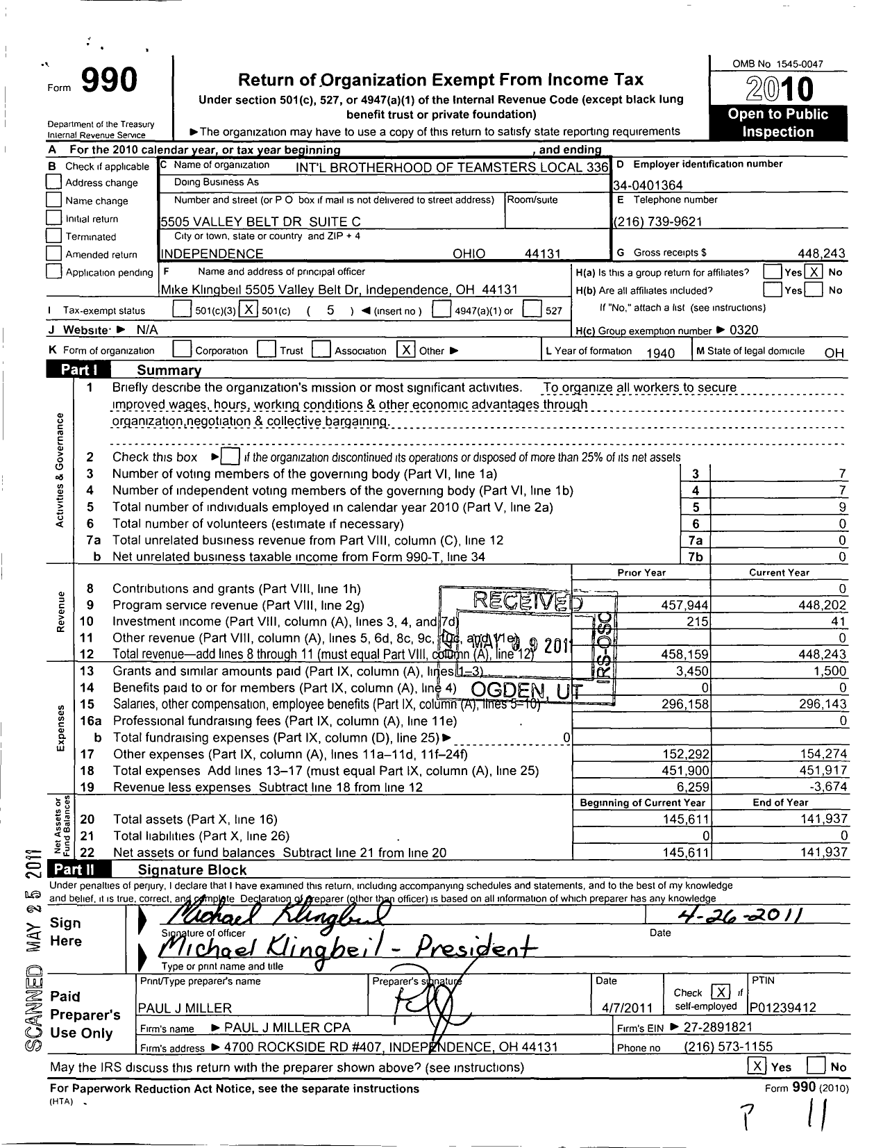Image of first page of 2010 Form 990O for International Brotherhood of Teamsters Local 336