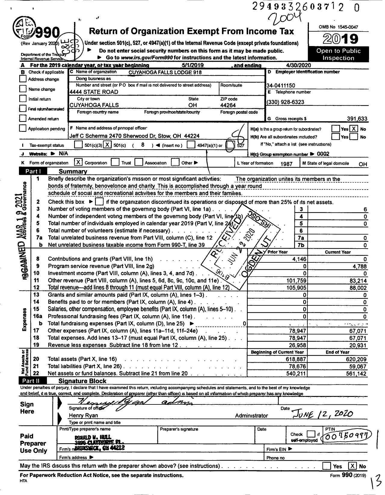 Image of first page of 2019 Form 990O for Loyal Order of Moose - 918