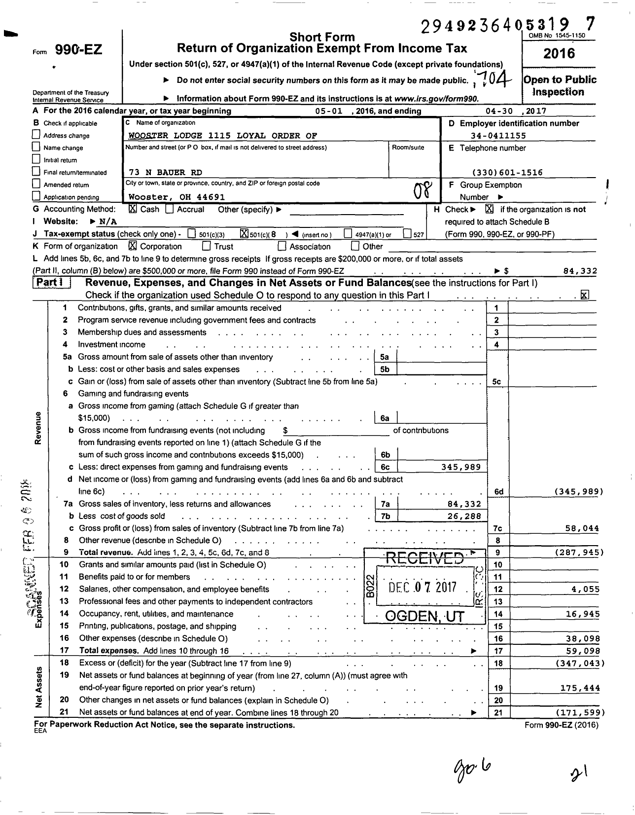 Image of first page of 2016 Form 990EO for Loyal Order of Moose - 1115