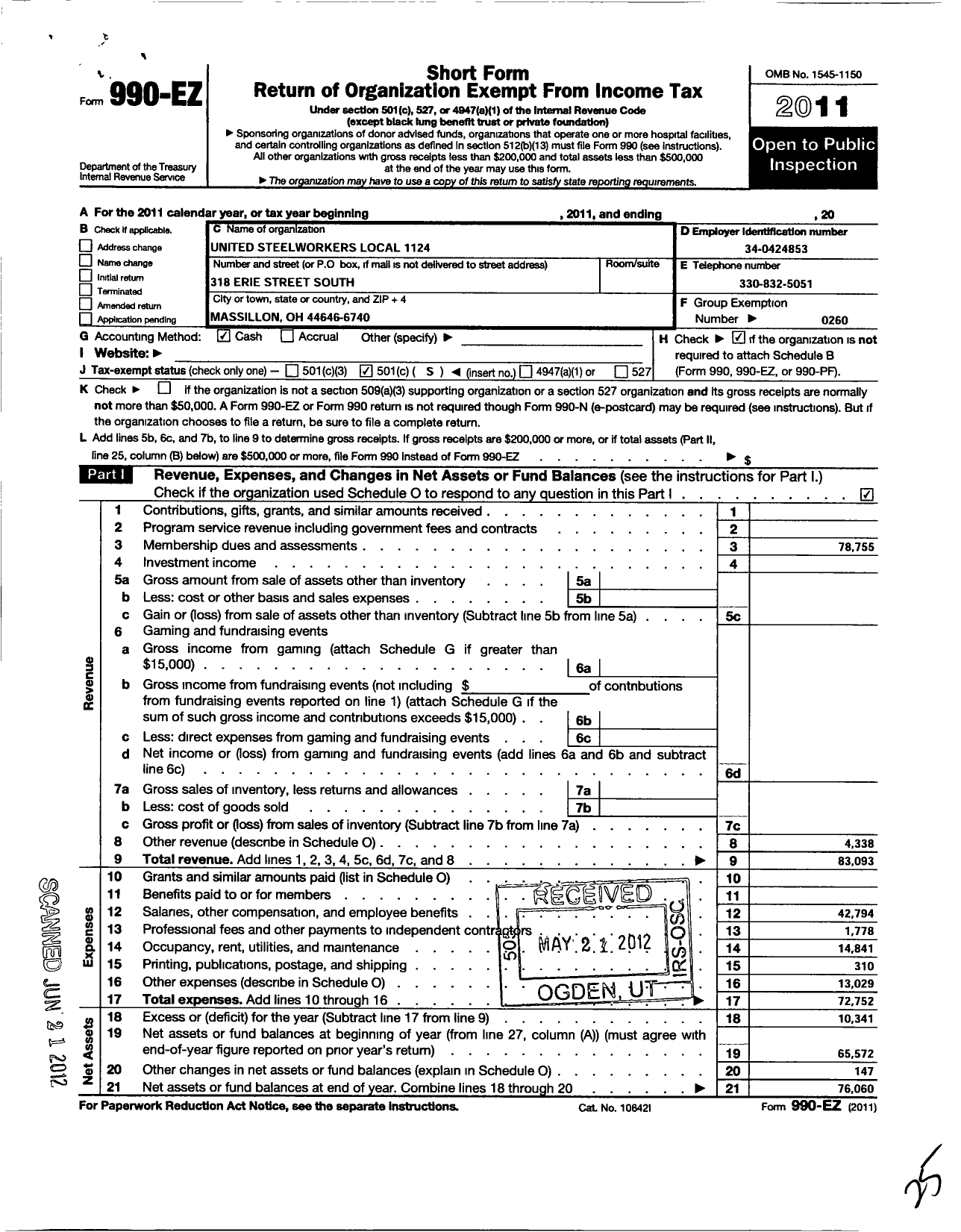 Image of first page of 2011 Form 990EO for United Steelworkers - 01124 Local