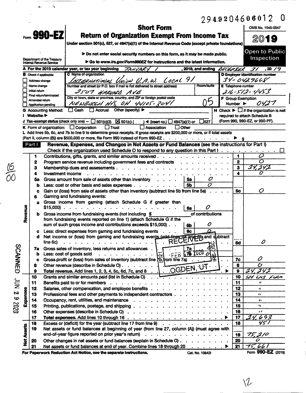 Image of first page of 2019 Form 990EO for Uaw - International Union Uaw Local 91