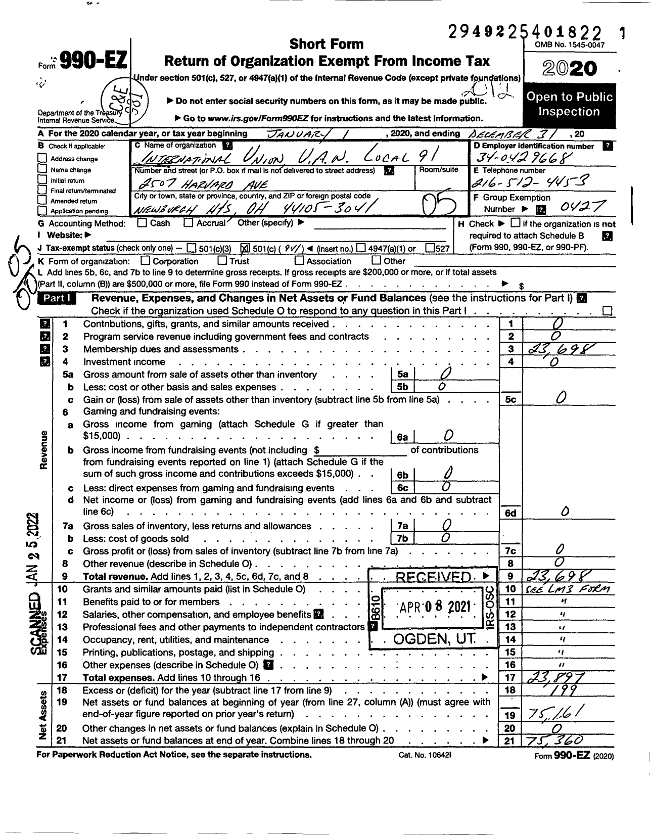 Image of first page of 2020 Form 990EO for Uaw - International Union Uaw Local 91