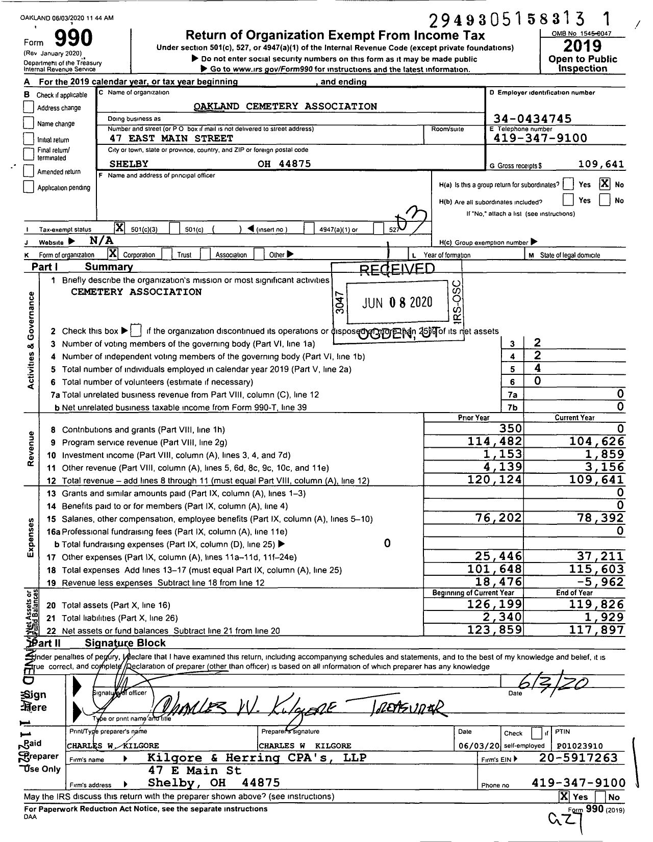 Image of first page of 2019 Form 990 for Oakland Cemetery Association