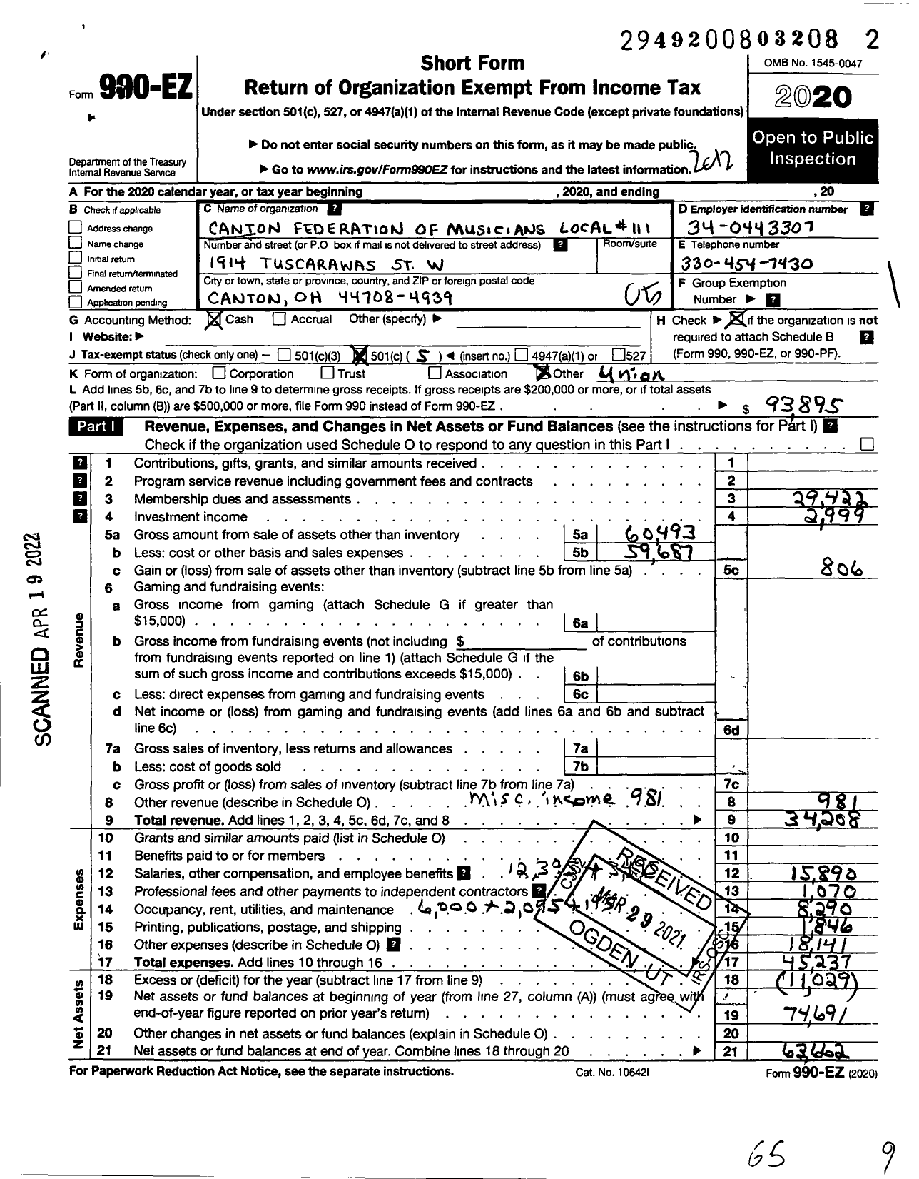 Image of first page of 2020 Form 990EO for American Federation of Musicians - 111 Local Canton