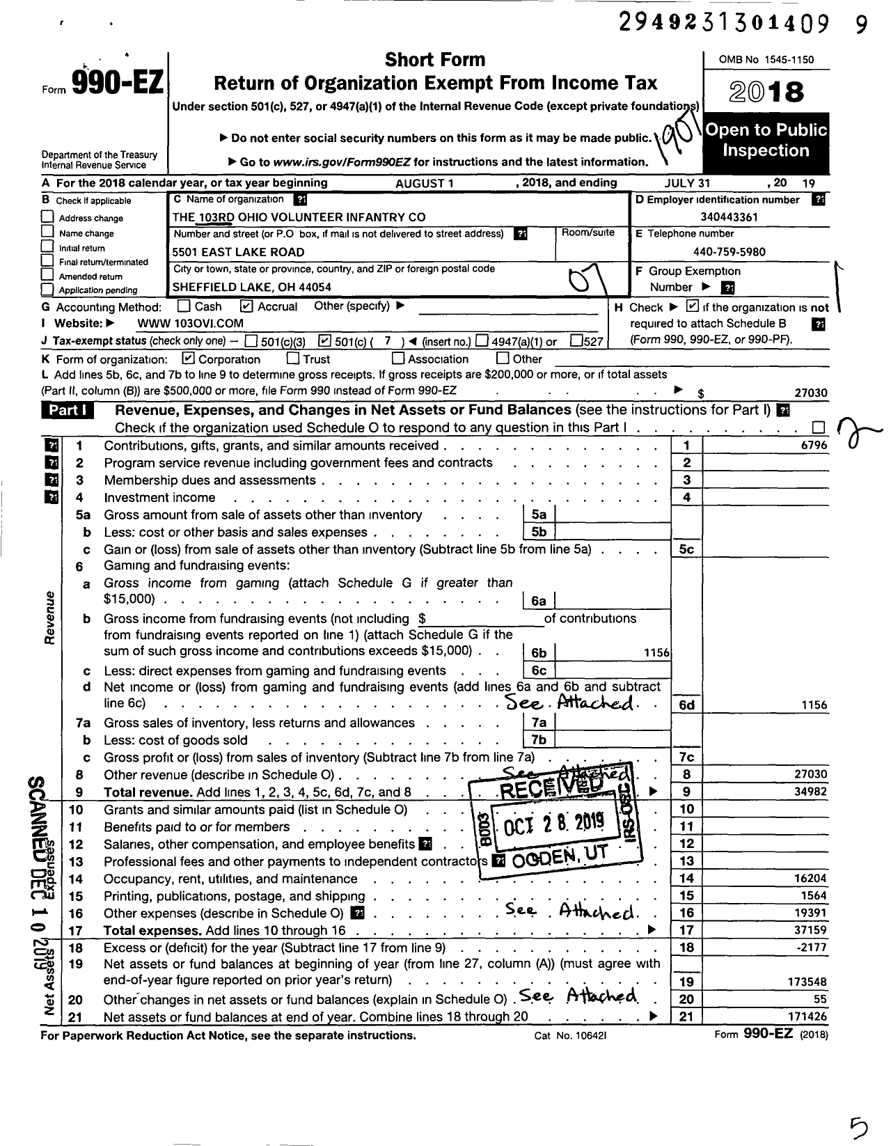 Image of first page of 2018 Form 990EO for 103rd Ohio Volunteer Infantry