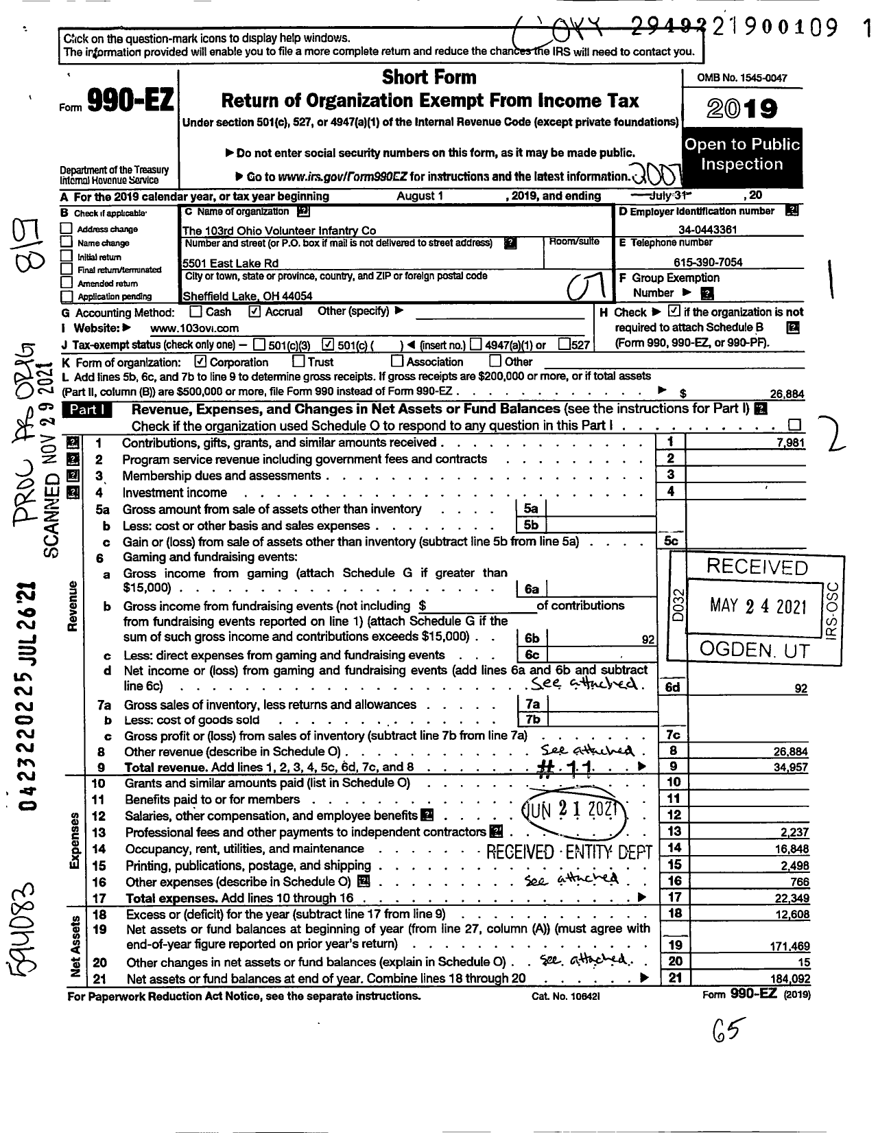 Image of first page of 2019 Form 990EO for 103rd Ohio Volunteer Infantry