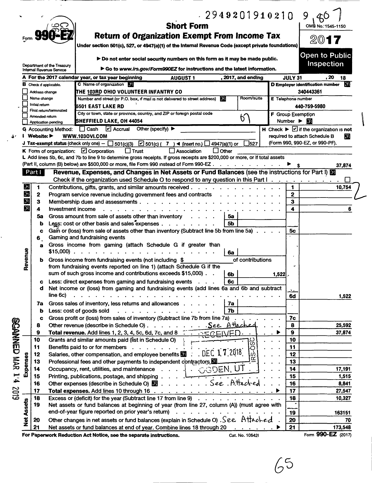 Image of first page of 2017 Form 990EO for 103rd Ohio Volunteer Infantry