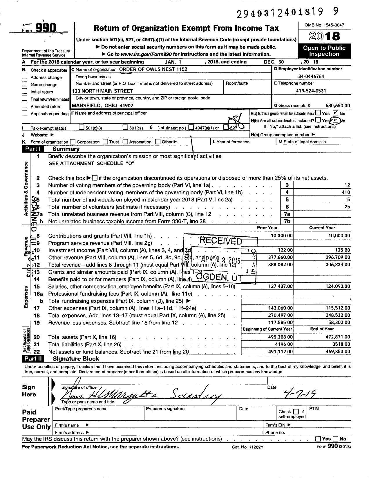 Image of first page of 2018 Form 990O for Order of Owls Nest 1152