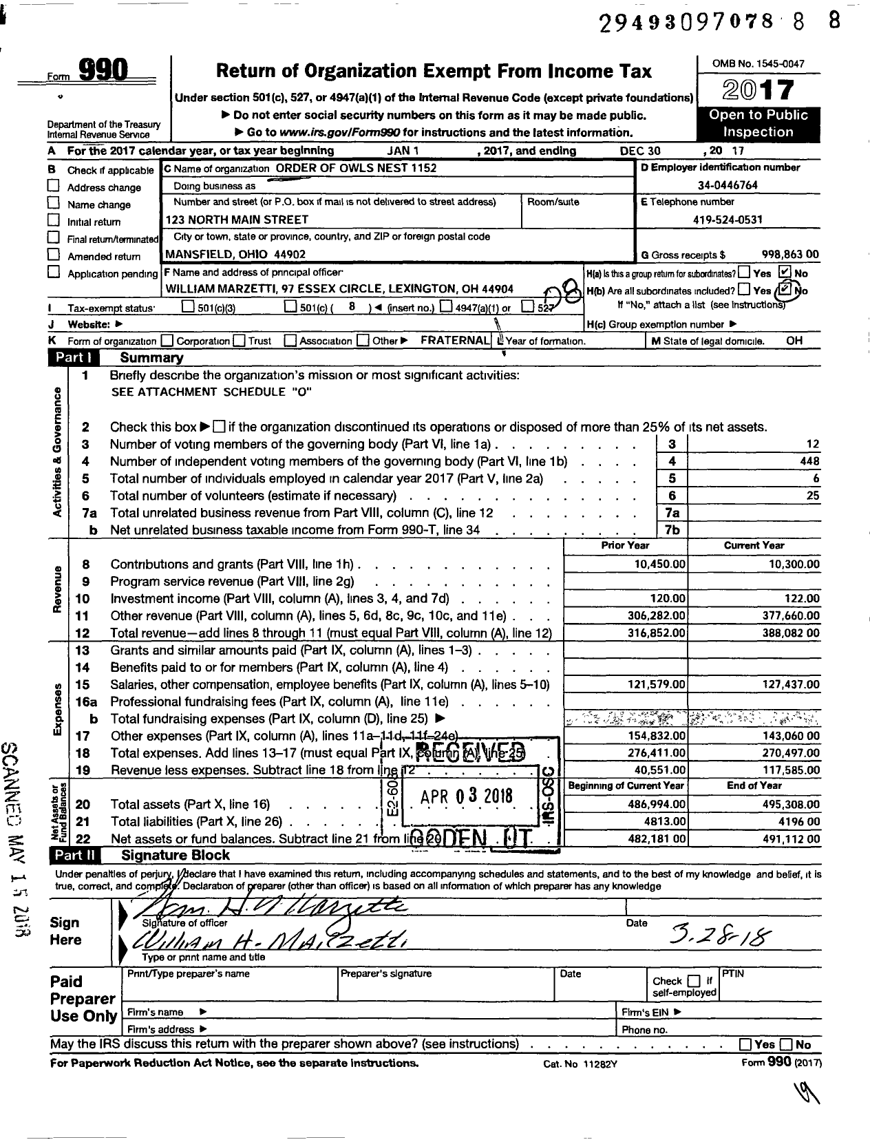 Image of first page of 2017 Form 990O for Order of Owls Nest 1152