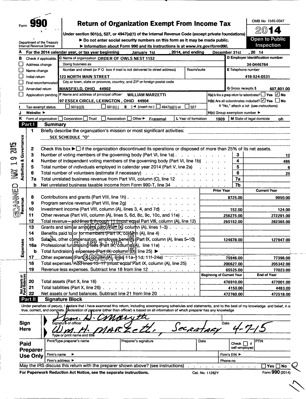 Image of first page of 2014 Form 990O for Order of Owls Nest 1152