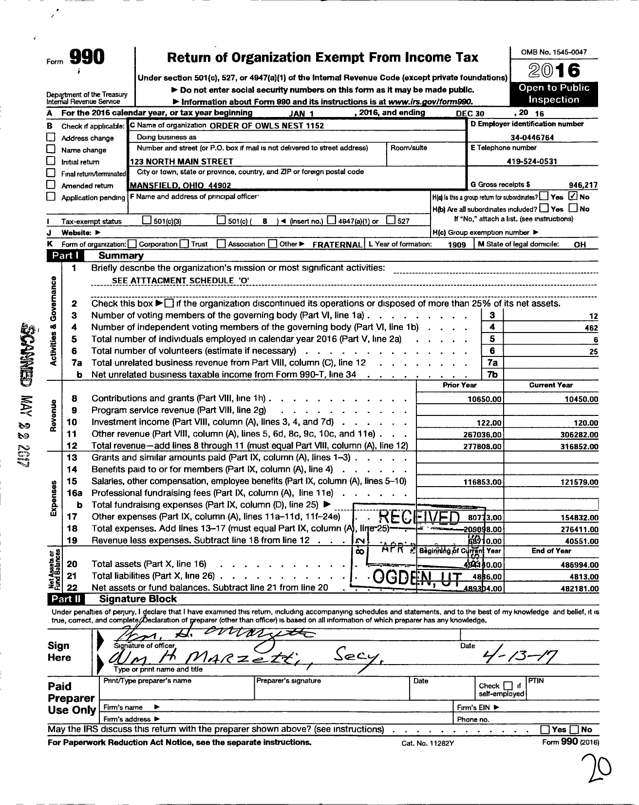 Image of first page of 2016 Form 990O for Order of Owls Nest 1152