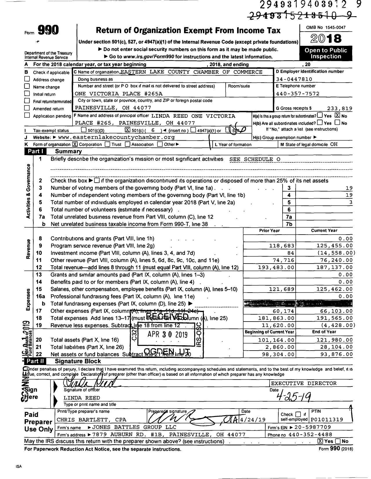 Image of first page of 2018 Form 990O for Eastern Lake County Chamber of Commerce