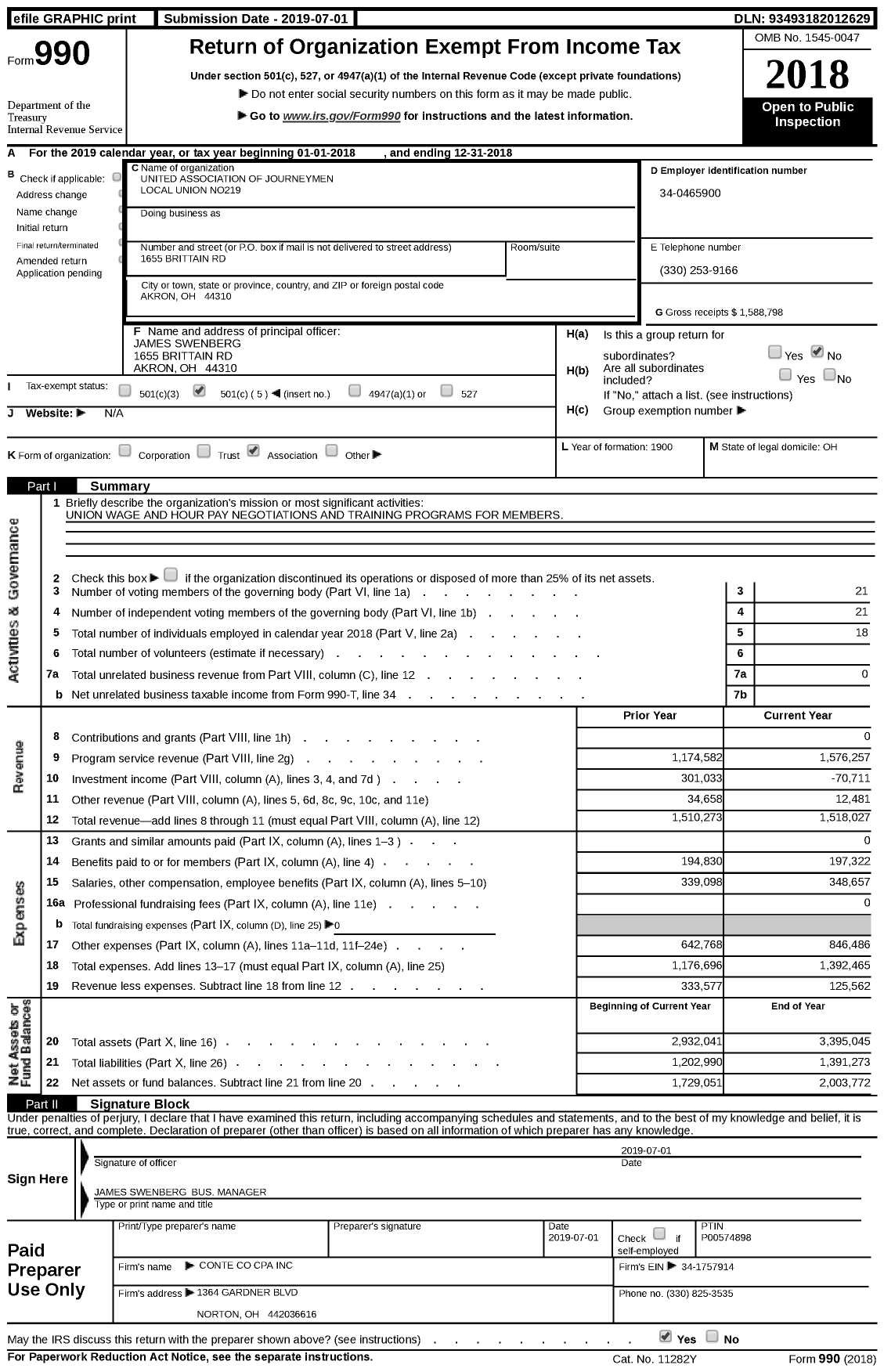 Image of first page of 2018 Form 990 for UNITED ASSOCIATION - Local 219