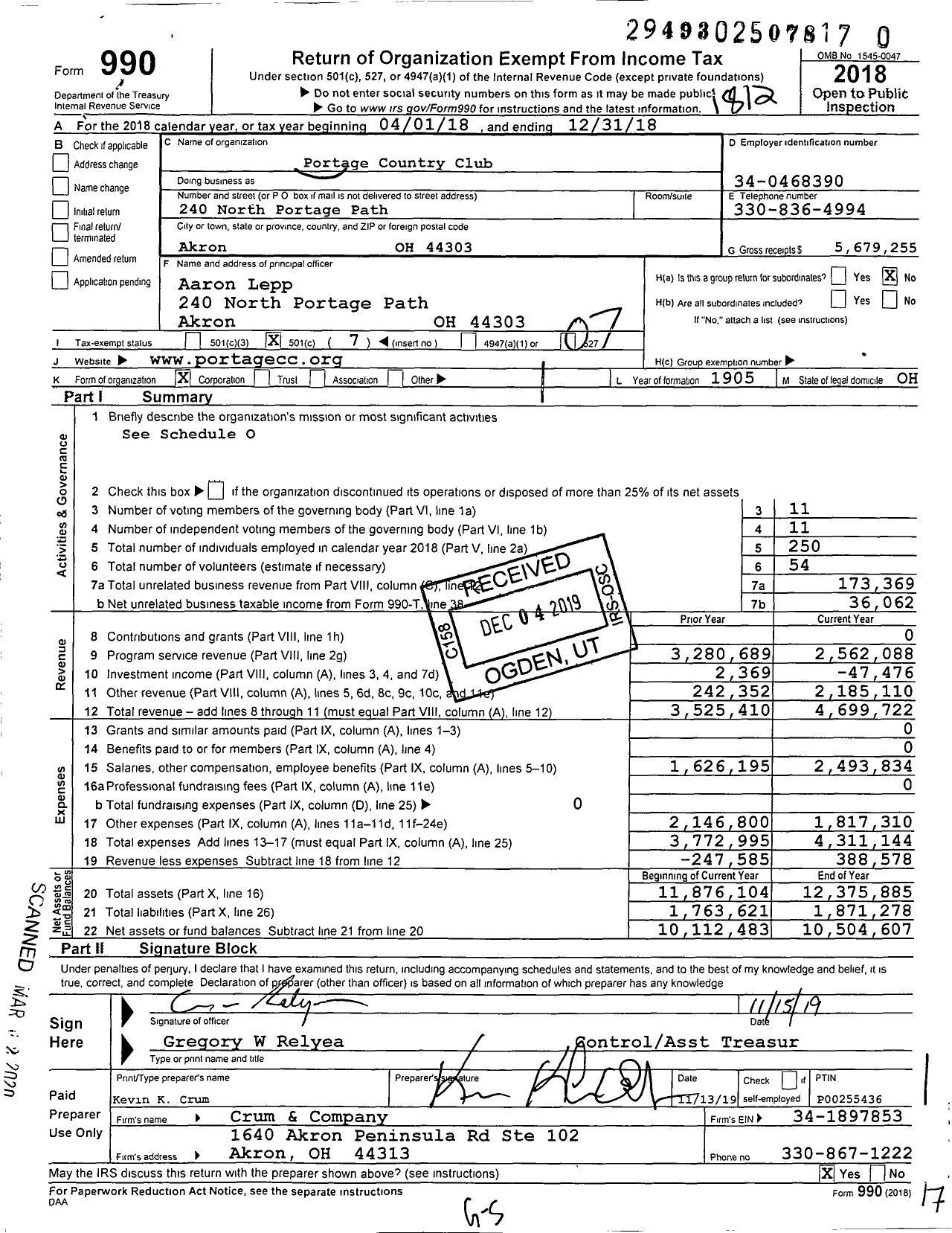 Image of first page of 2018 Form 990O for Portage Country Club