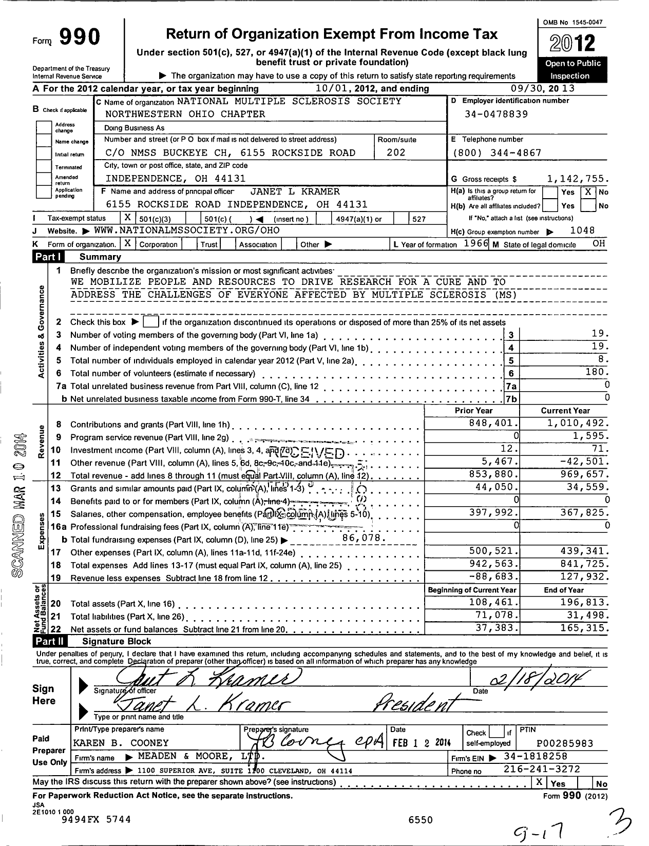 Image of first page of 2012 Form 990 for National Mutiple Sclerosis Final Northwestern Ohio Chapter