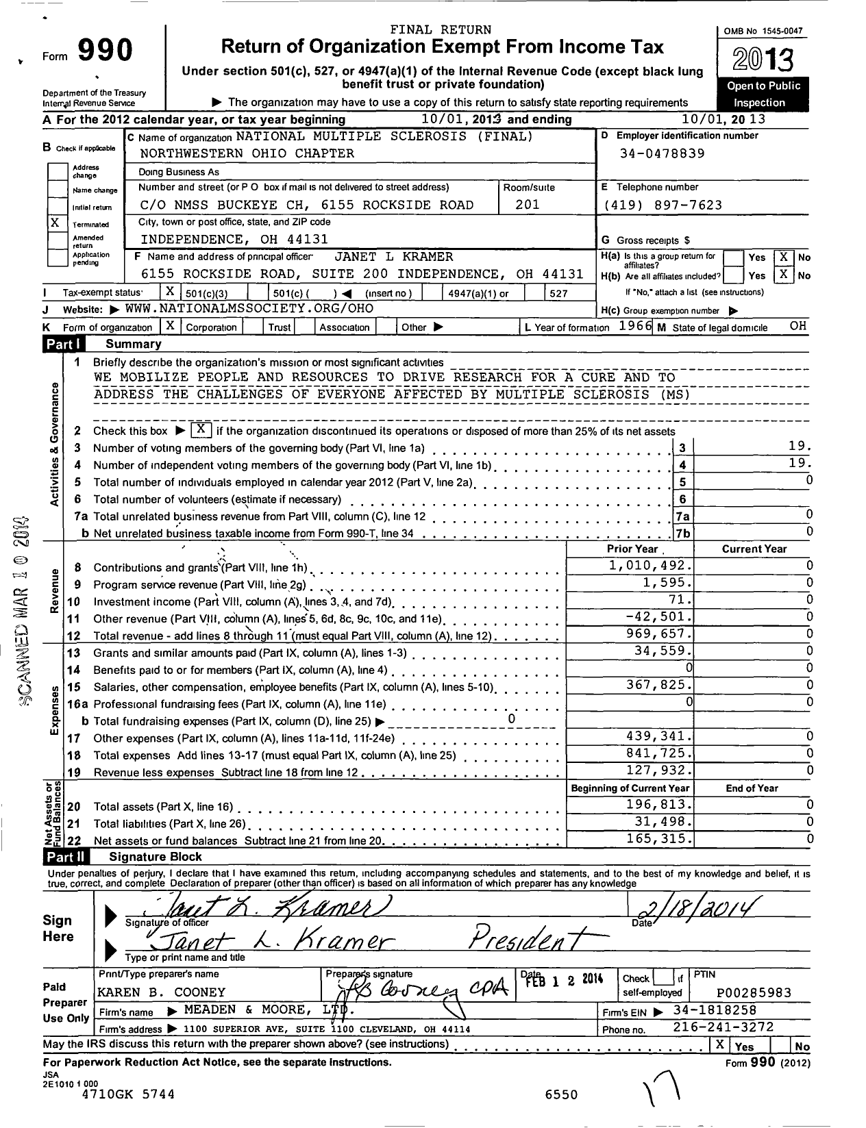 Image of first page of 2012 Form 990 for National Mutiple Sclerosis Final Northwestern Ohio Chapter