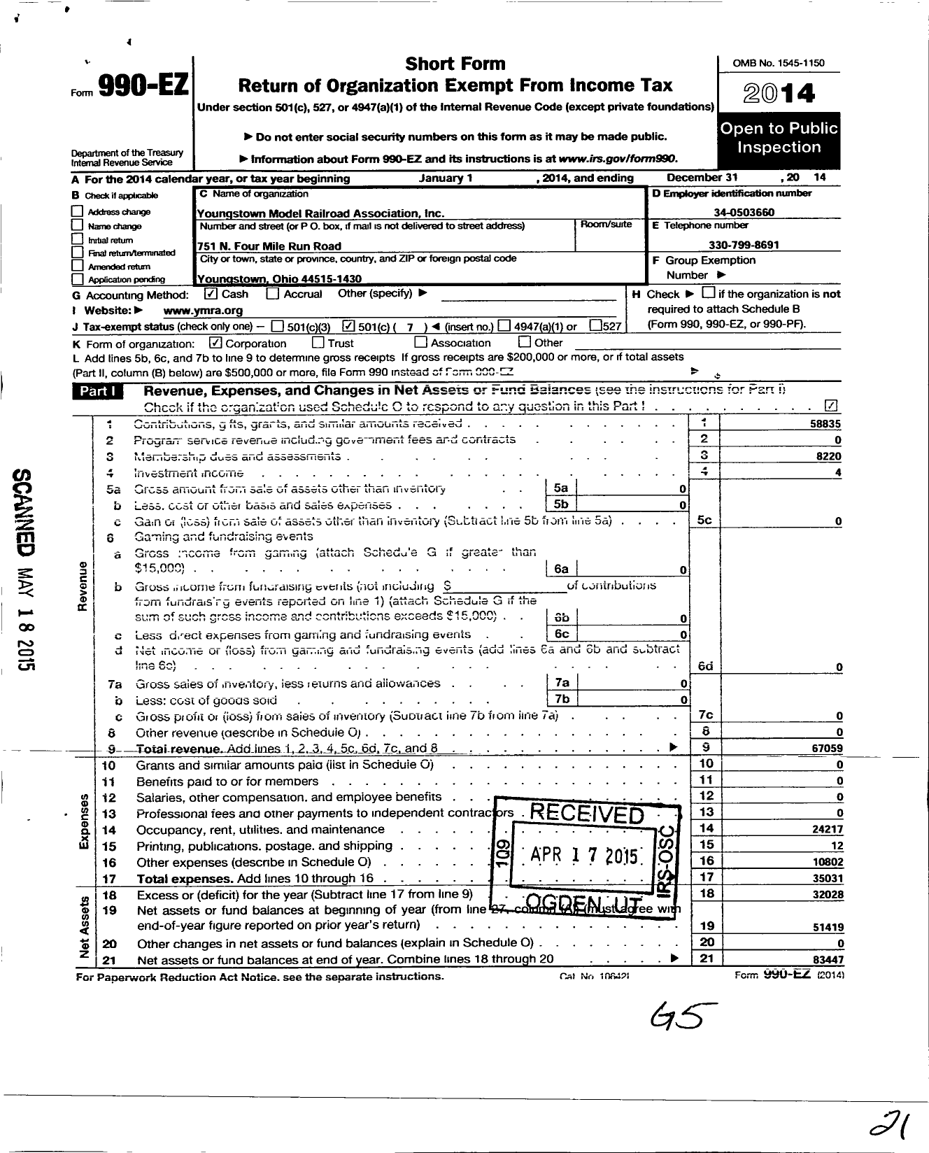 Image of first page of 2014 Form 990EO for Youngstown Model Railroad Association