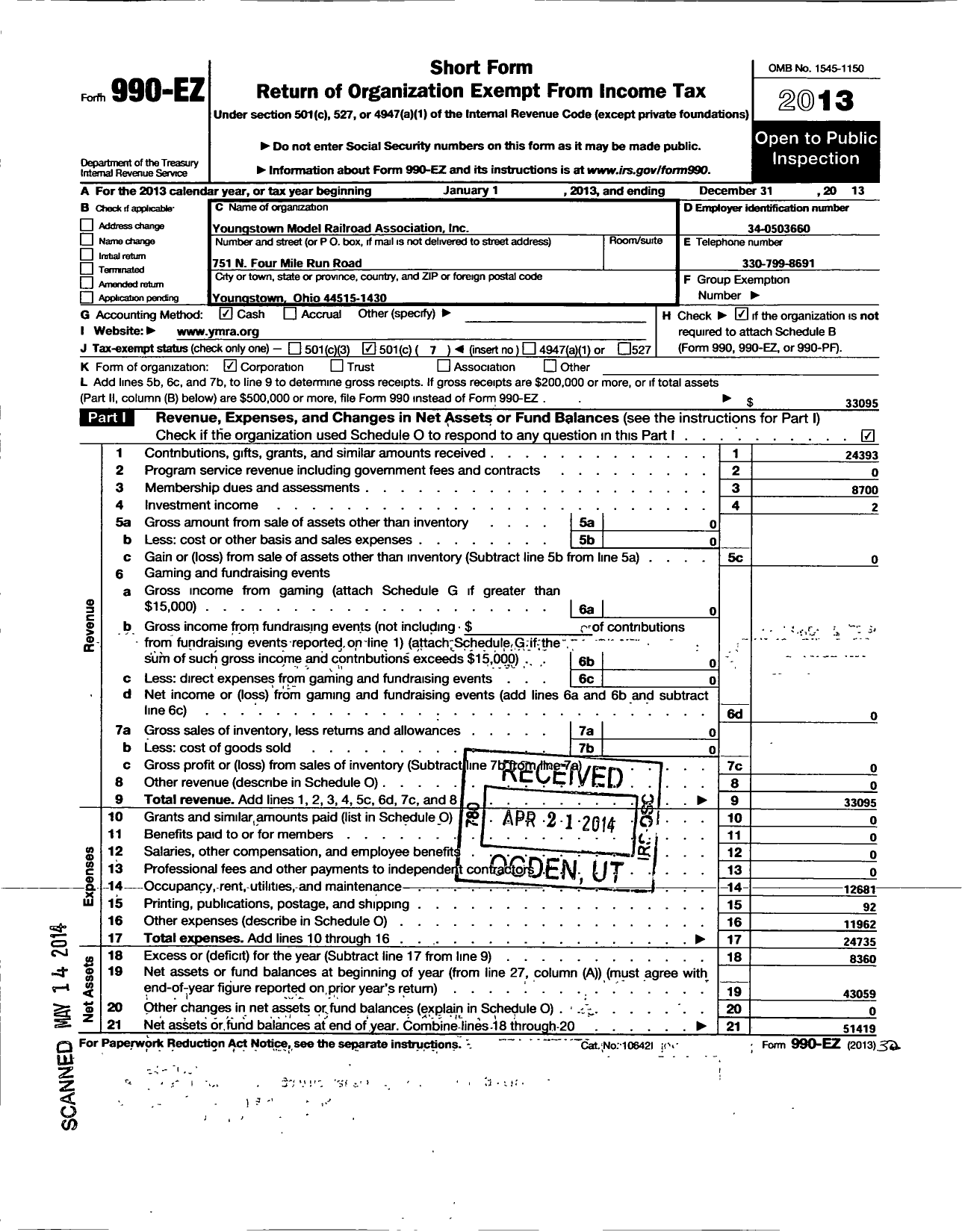 Image of first page of 2013 Form 990EO for Youngstown Model Railroad Association