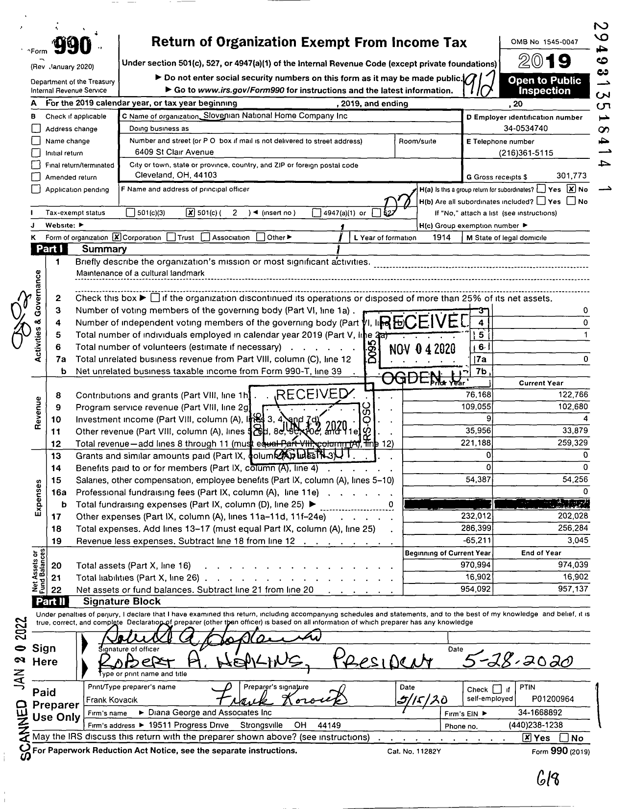 Image of first page of 2019 Form 990O for Slovenian National Home Company