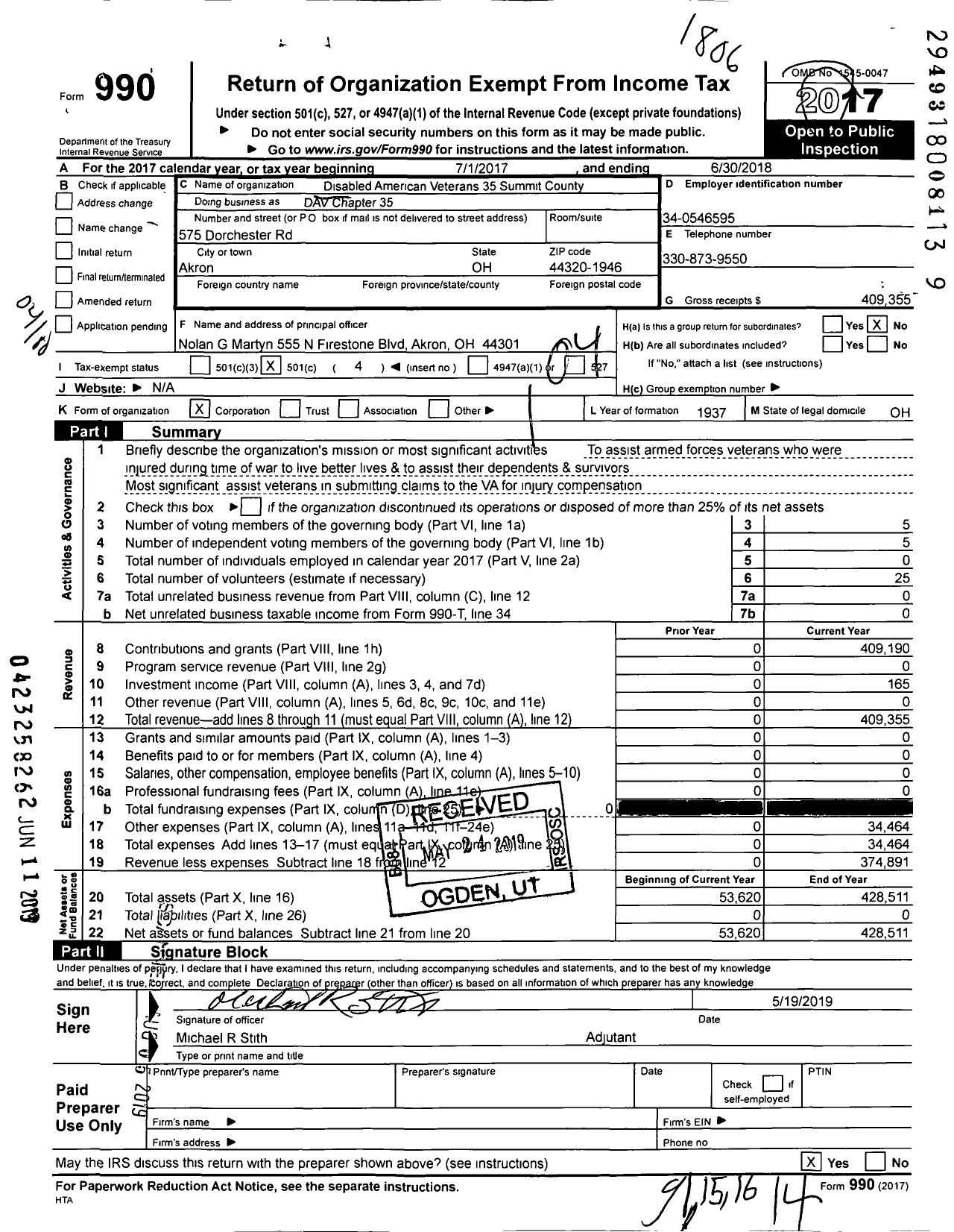 Image of first page of 2017 Form 990O for Disabled American Veterans - Dav Chapter 35