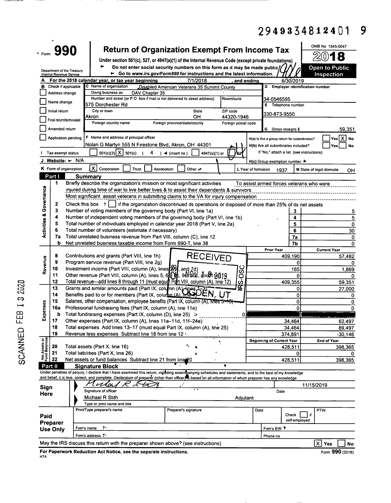 Image of first page of 2018 Form 990O for Disabled American Veterans - Dav Chapter 35