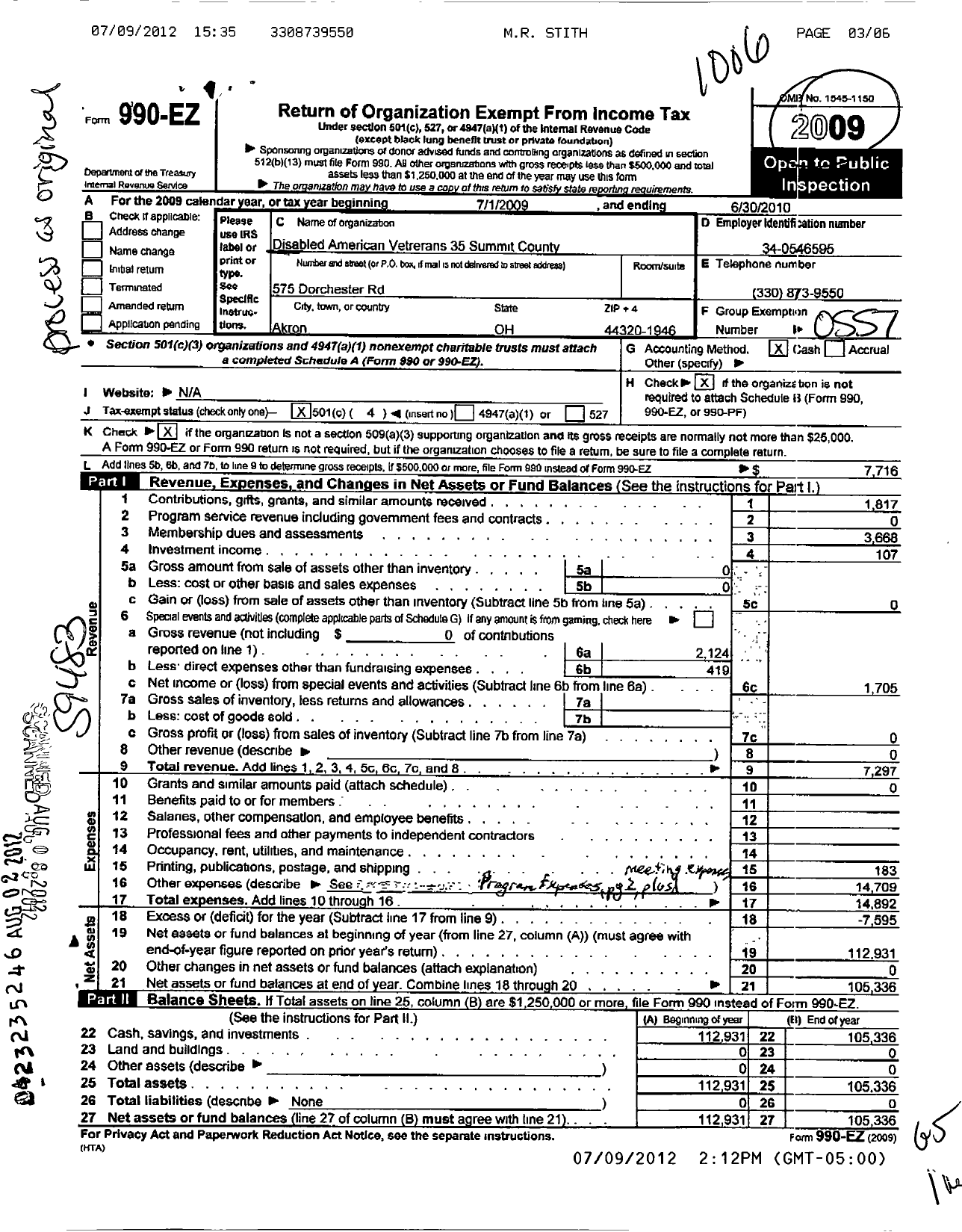 Image of first page of 2009 Form 990EO for Disabled American Veterans - Dav Chapter 35