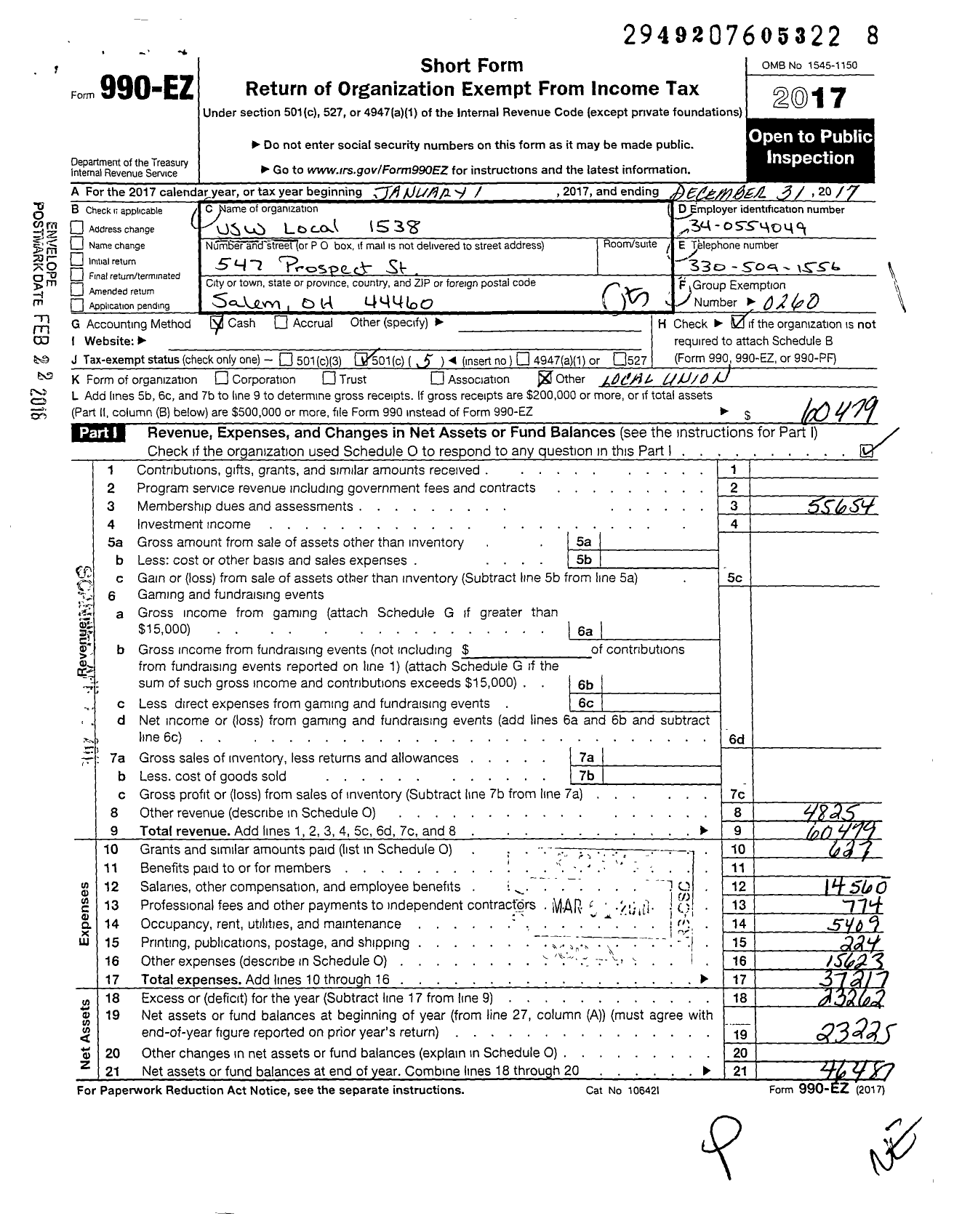 Image of first page of 2017 Form 990EO for United Steelworkers - 1538 Local