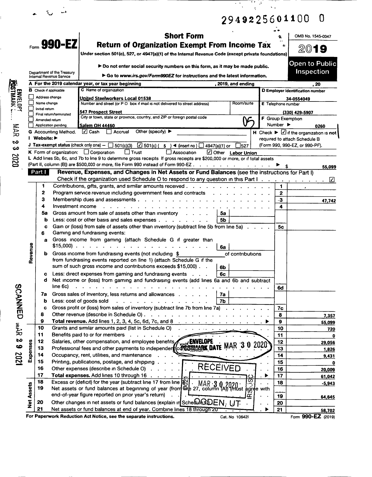 Image of first page of 2019 Form 990EO for United Steelworkers - 1538 Local