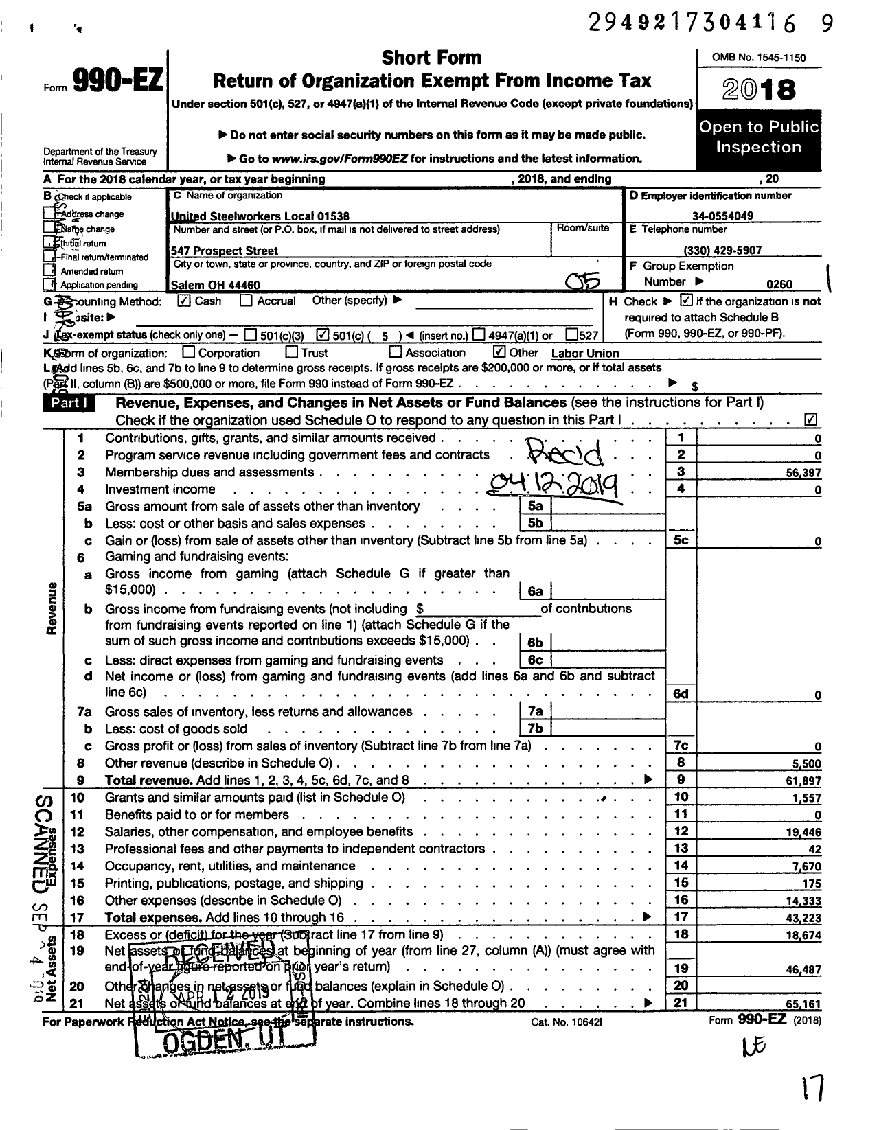 Image of first page of 2018 Form 990EO for United Steelworkers - 1538 Local