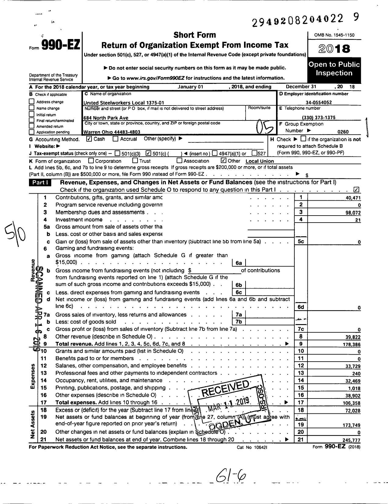 Image of first page of 2018 Form 990EO for United Steelworkers - Local Union 01375