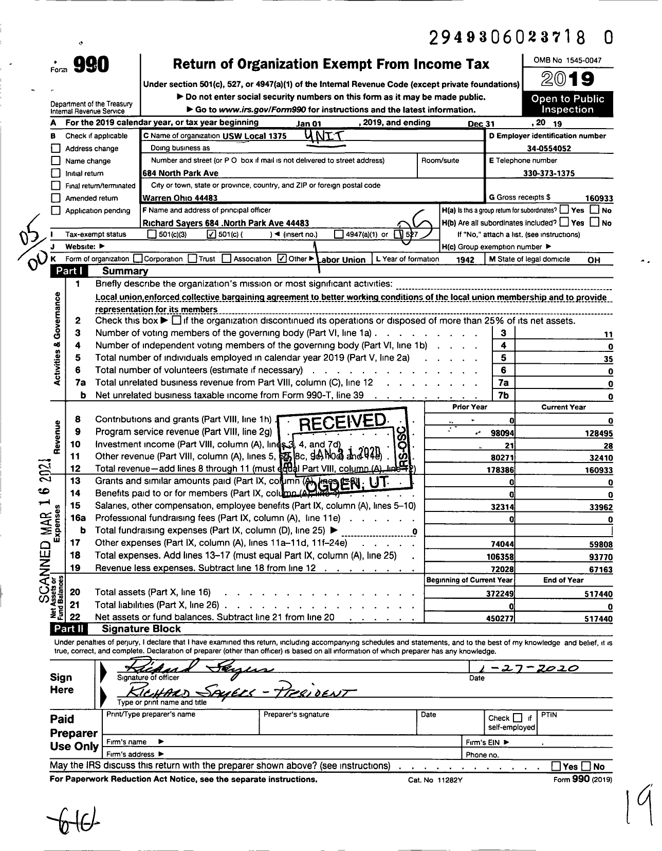 Image of first page of 2019 Form 990O for United Steelworkers - Local Union 01375