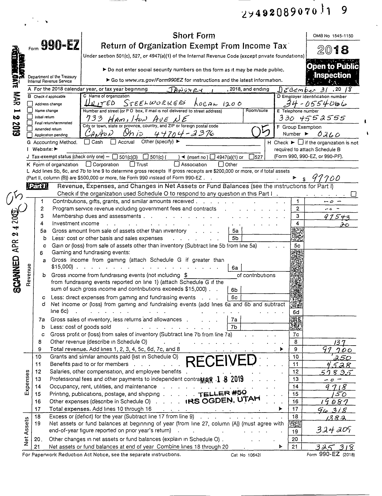 Image of first page of 2018 Form 990EO for United Steelworkers Local 01200
