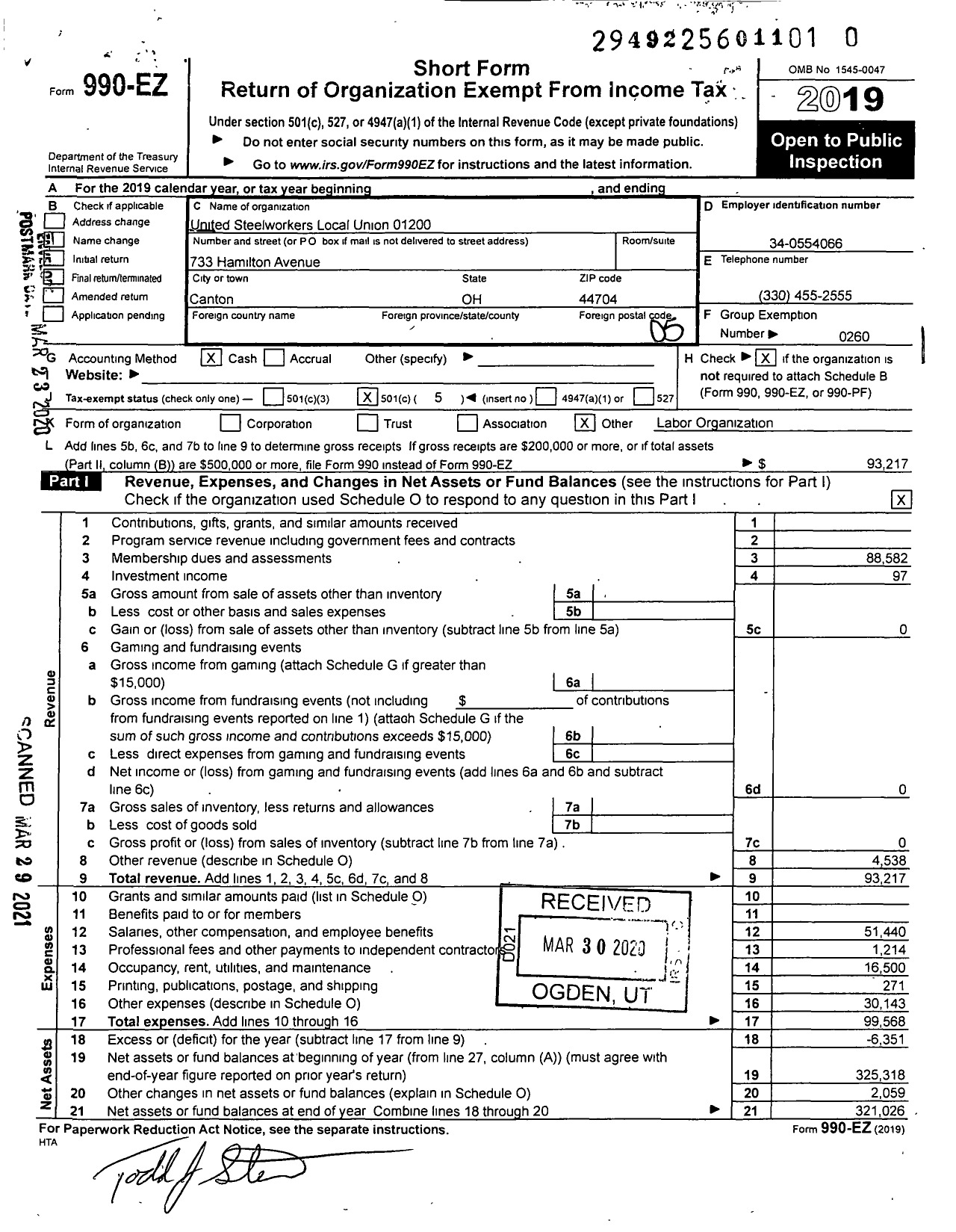 Image of first page of 2019 Form 990EO for United Steelworkers Local 01200