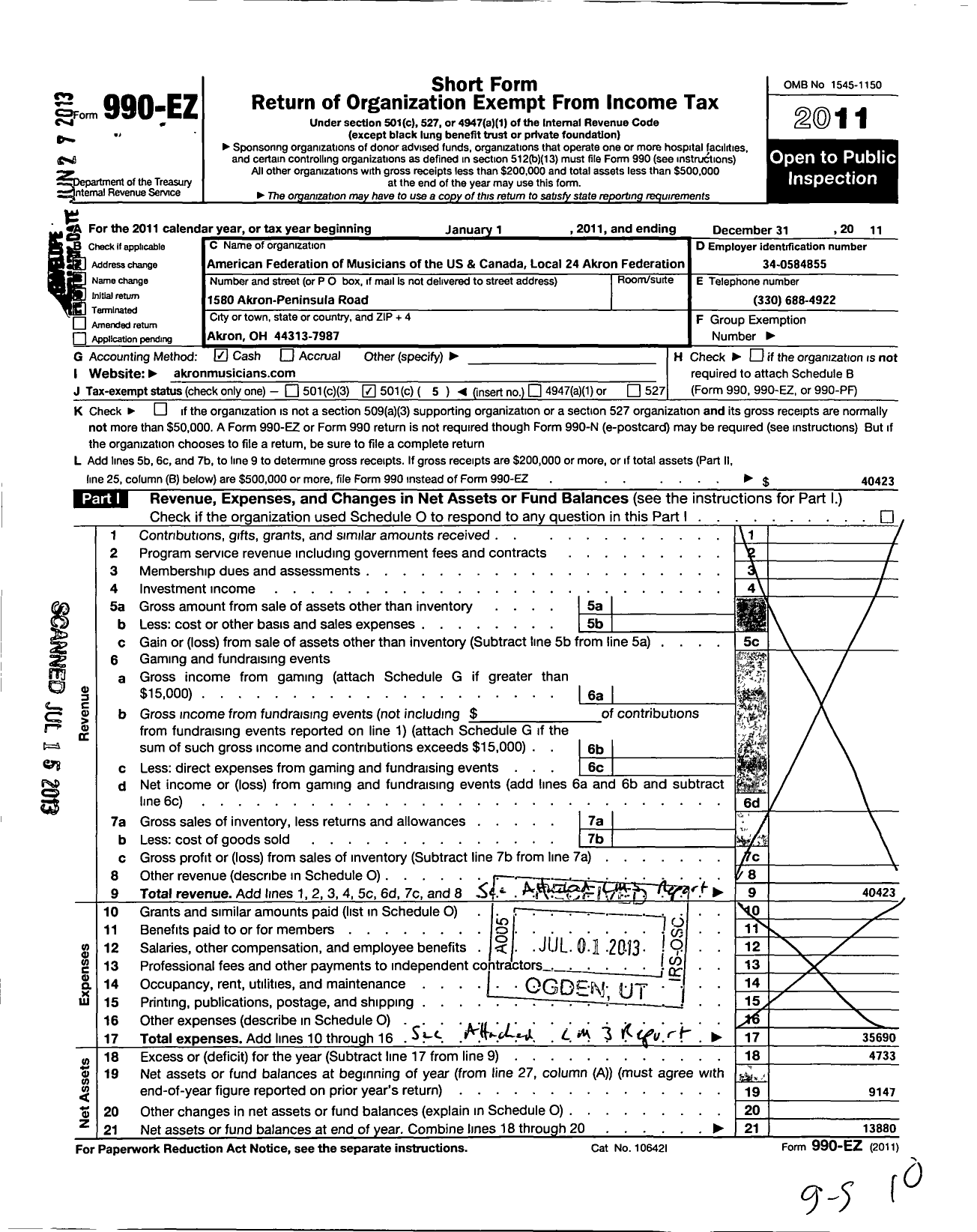 Image of first page of 2011 Form 990EO for American Federation of Musicians of the Us and Canada