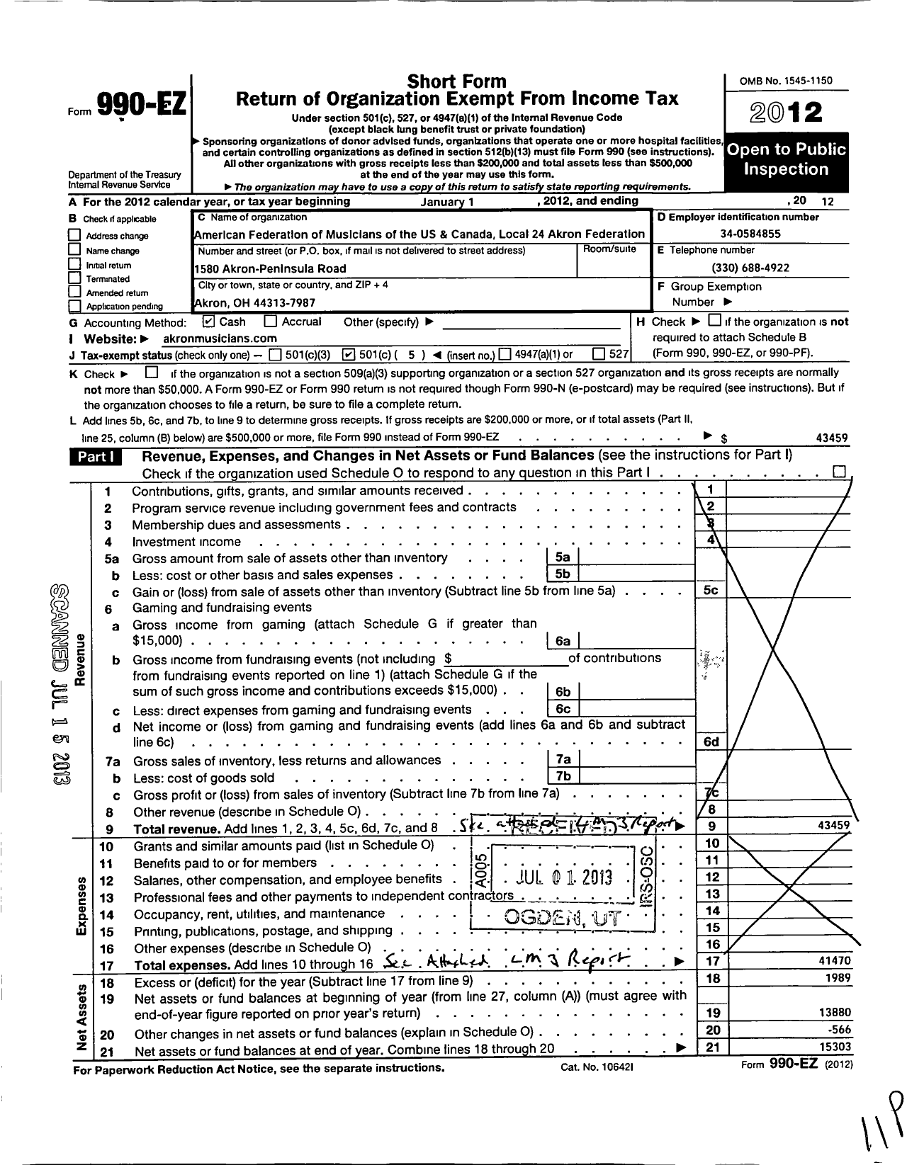 Image of first page of 2012 Form 990EO for American Federation of Musicians of the Us and Canada