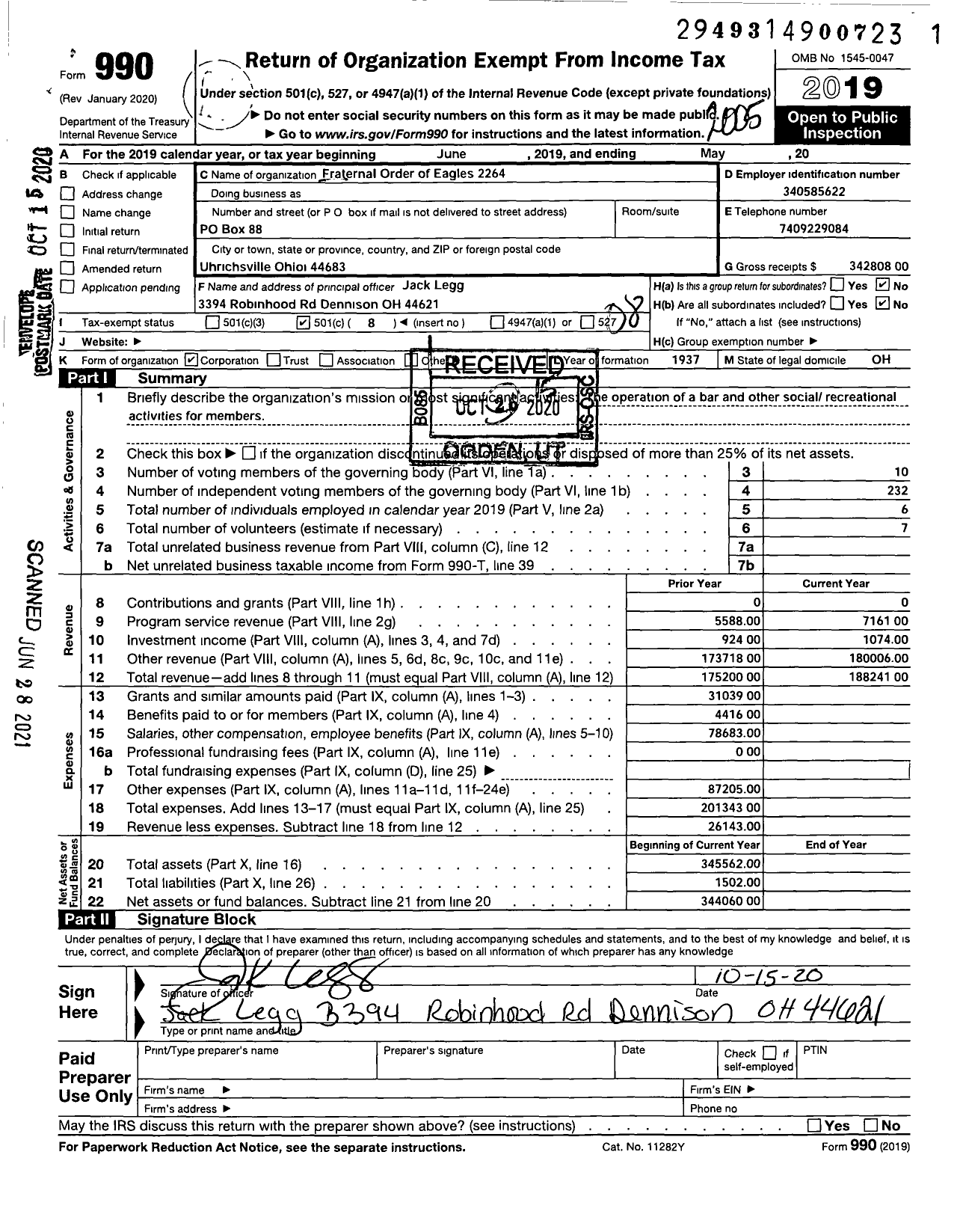 Image of first page of 2019 Form 990O for Fraternal Order of Eagles 2264