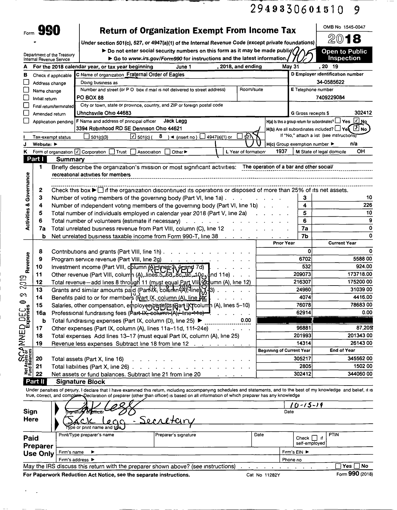 Image of first page of 2018 Form 990O for Fraternal Order of Eagles 2264