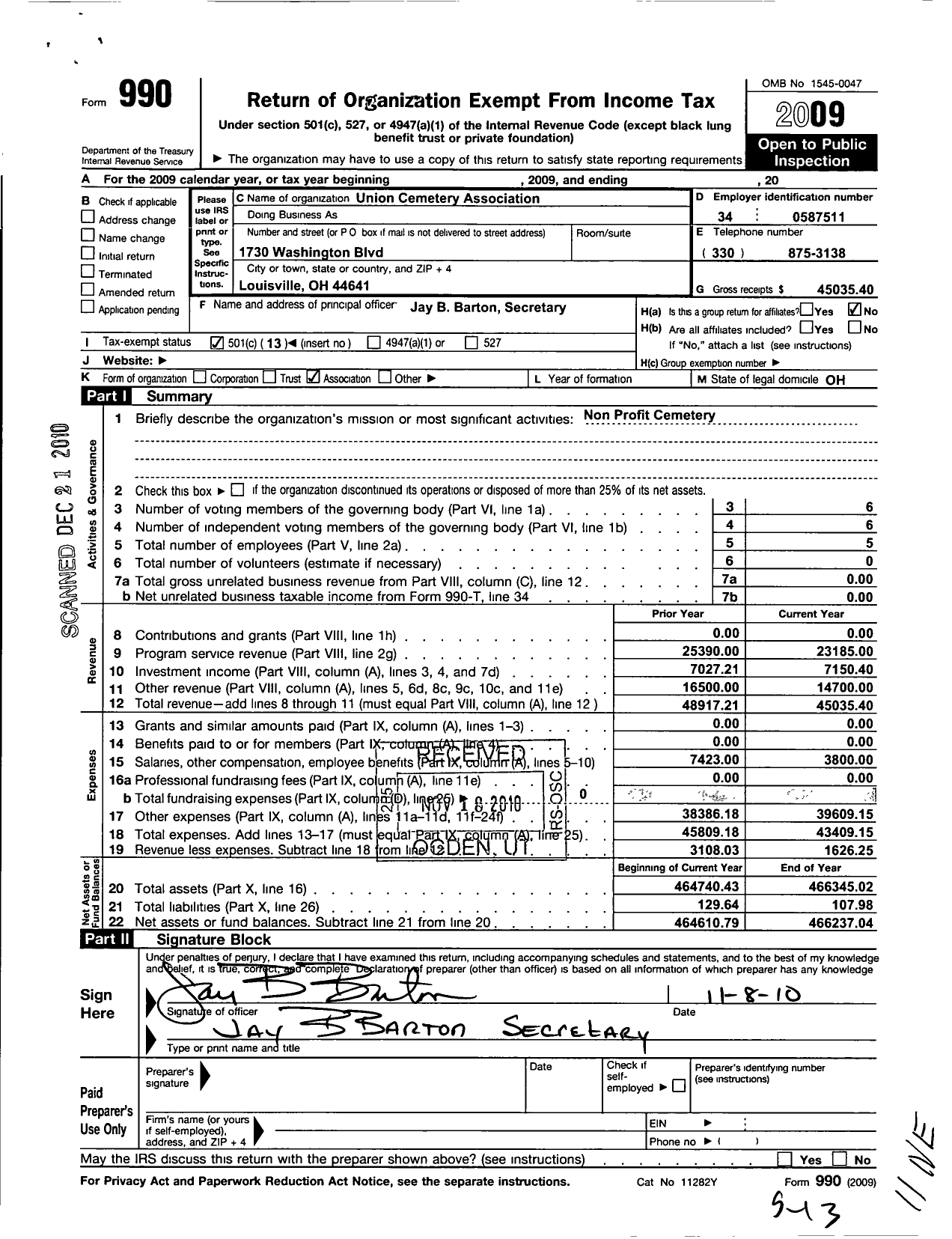 Image of first page of 2009 Form 990O for Union Cemetery Association